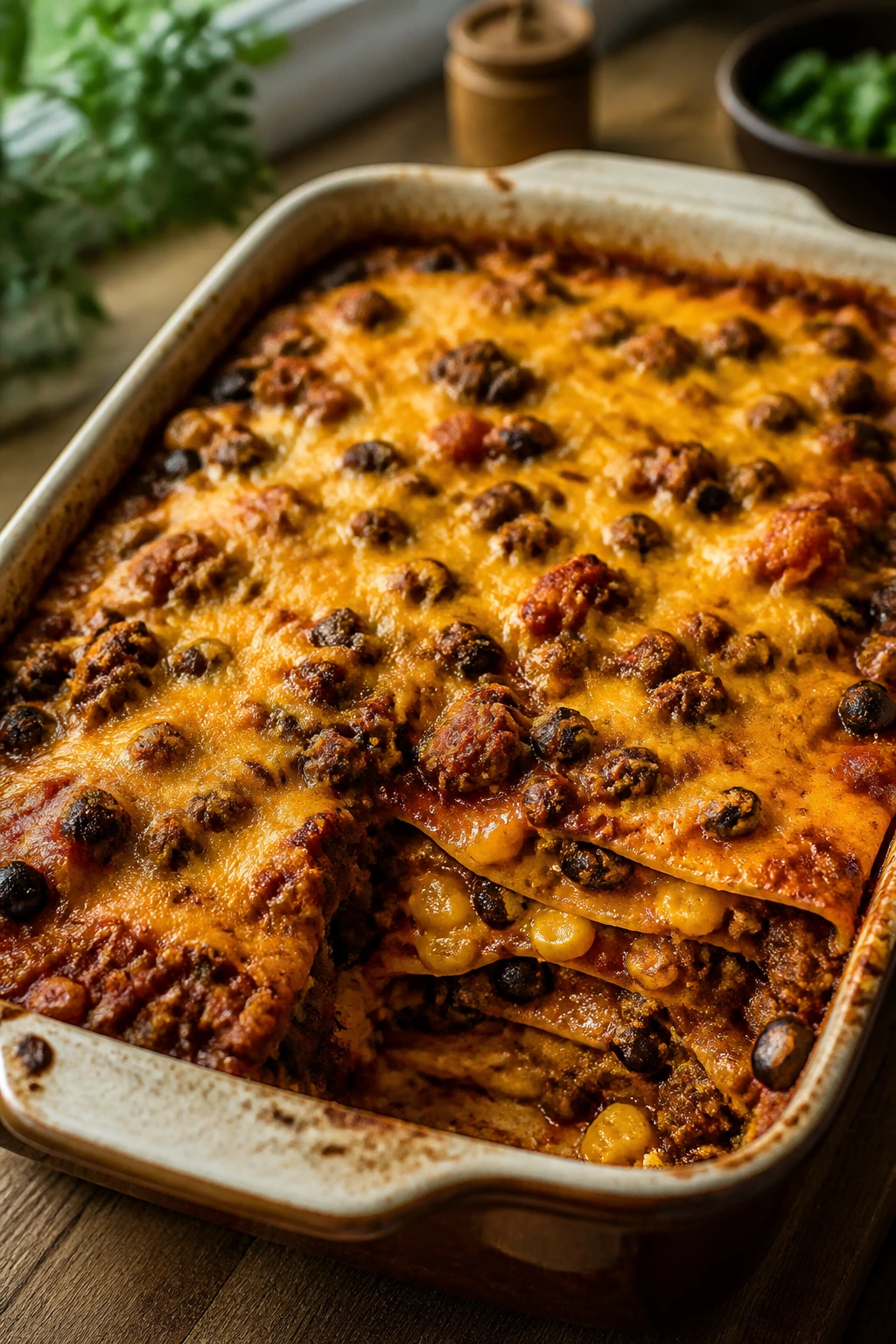 Close-up of Sausage Enchilada Casserole with tortillas and cheese in a baking dish