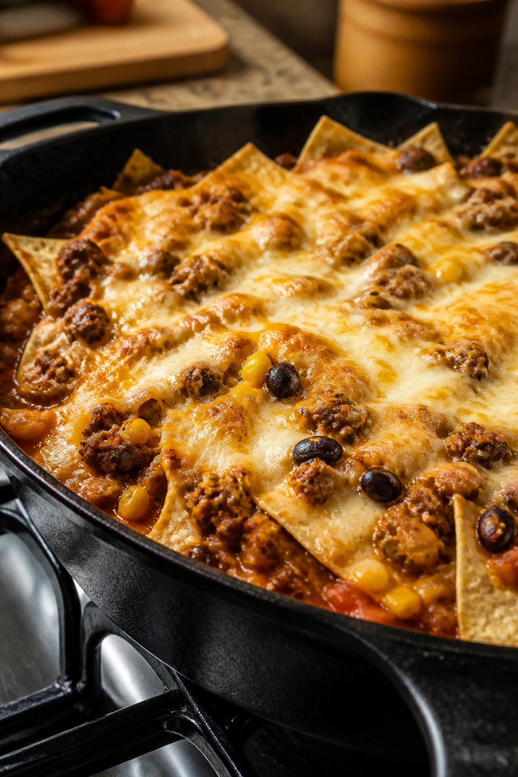 Close-up of bubbling sausage enchilada skillet