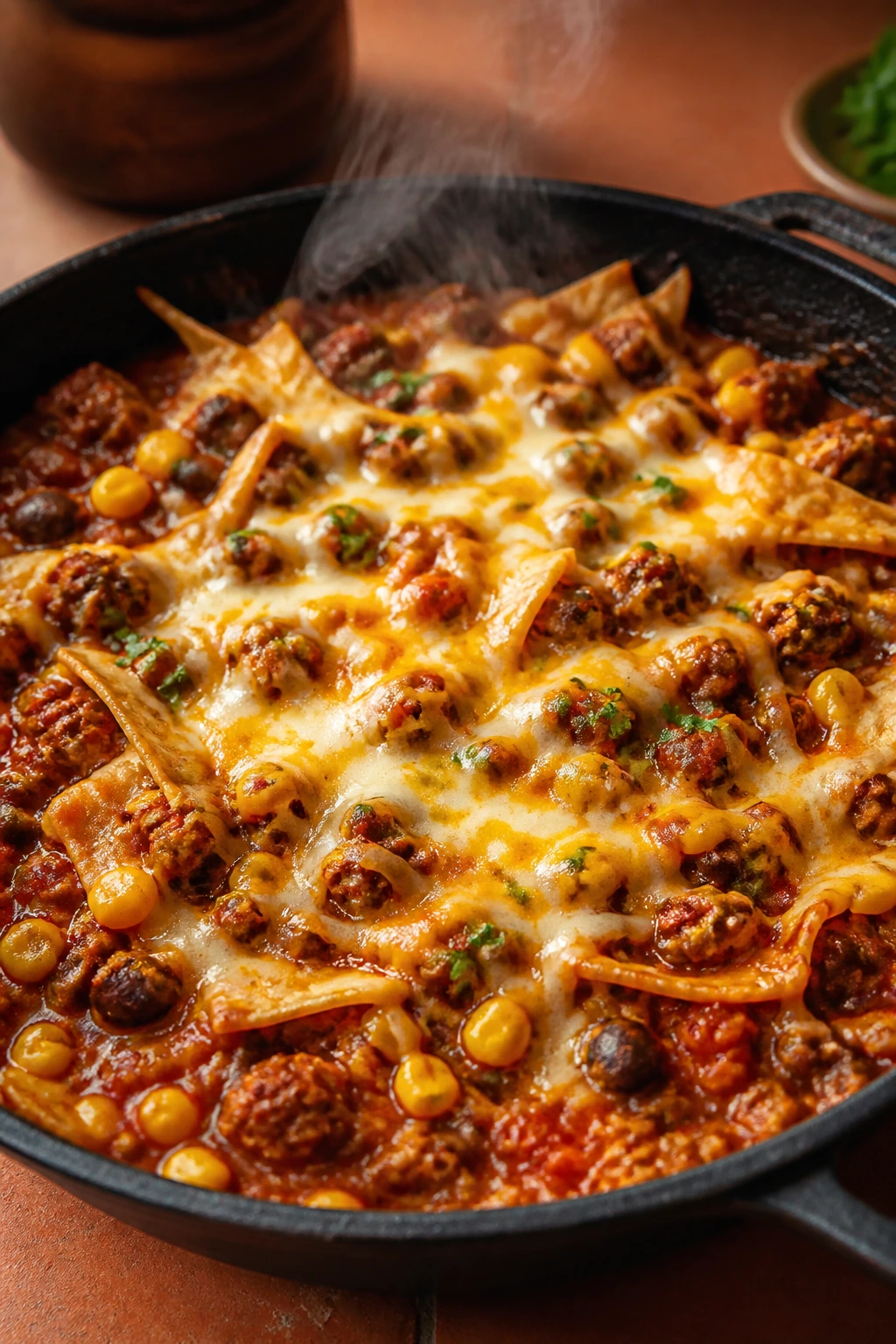 Close-up of sausage enchilada skillet with beans and corn
