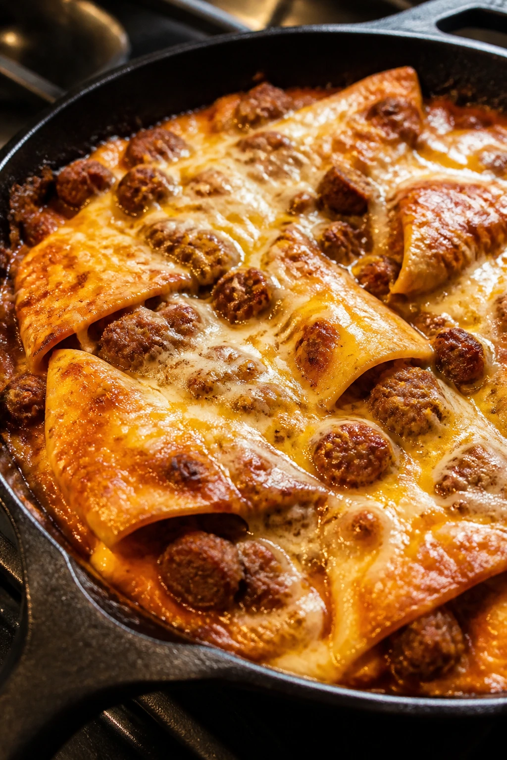 Skillet enchiladas with sausage and bubbling cheese