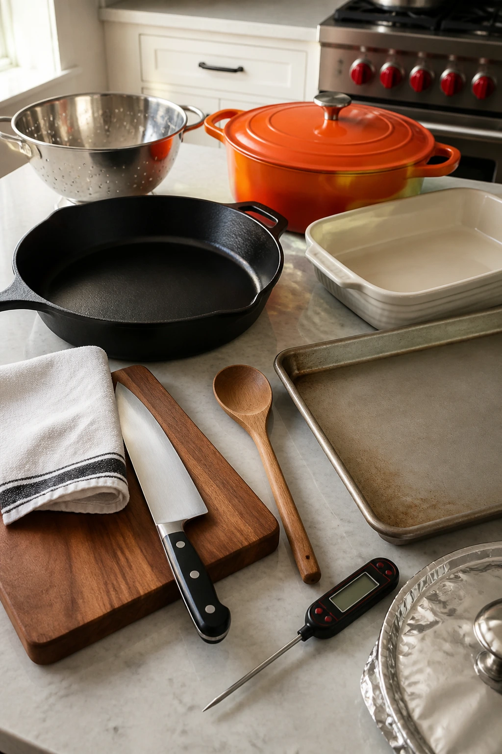 Arrangement of essential sausage cooking tools on counter