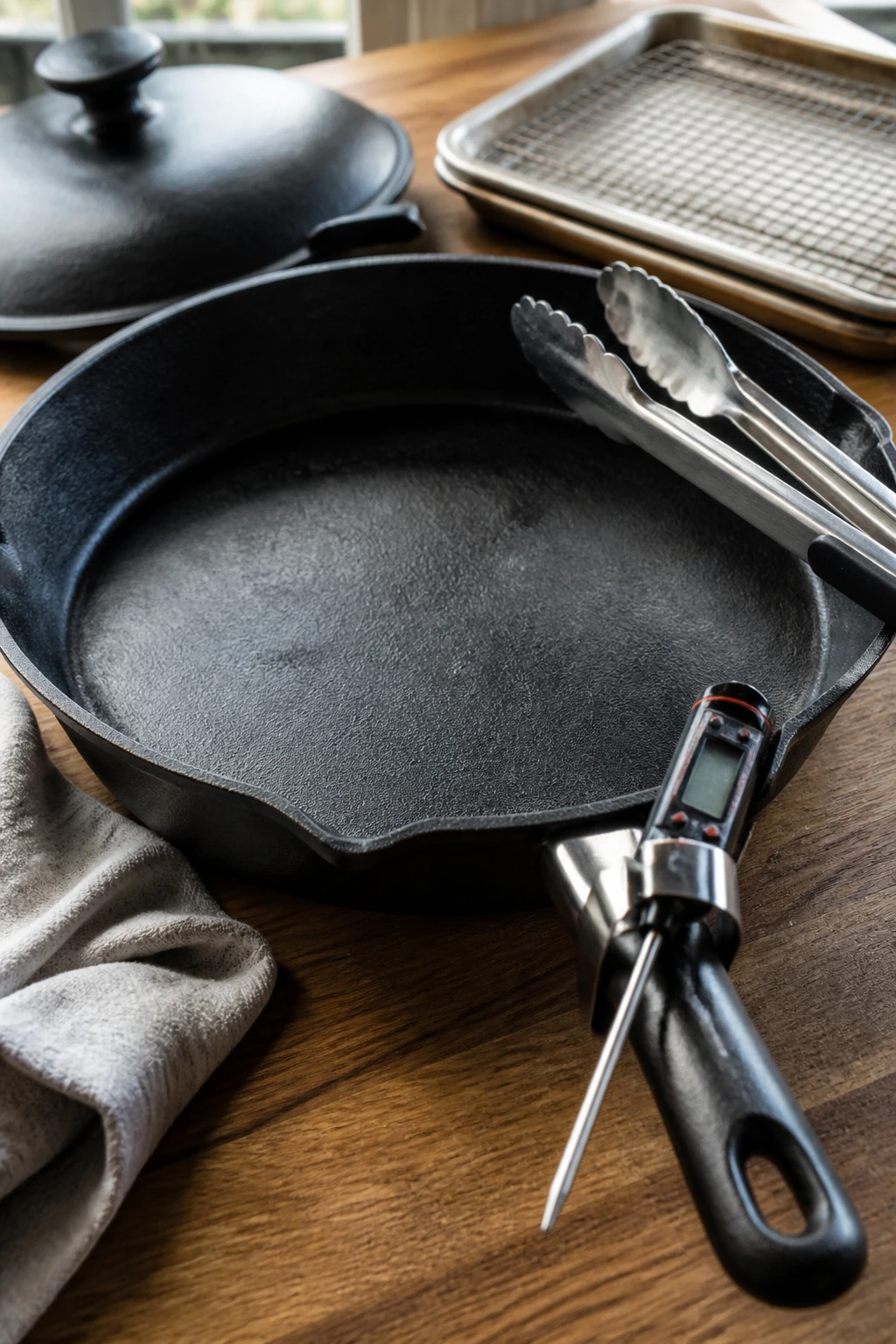Close-up of a heavy skillet with thermometer and tongs on a wooden counter, illustrating essential sausage equipment.