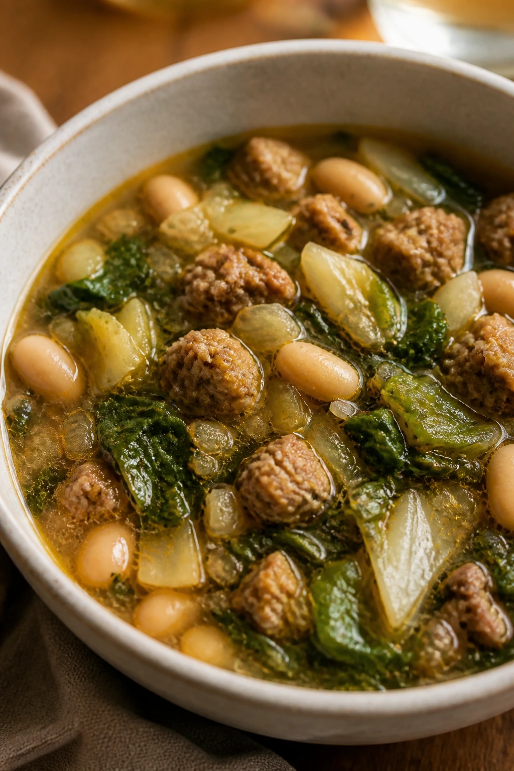 Close-up of Sausage Escarole Cannellini Soup with beans and greens.