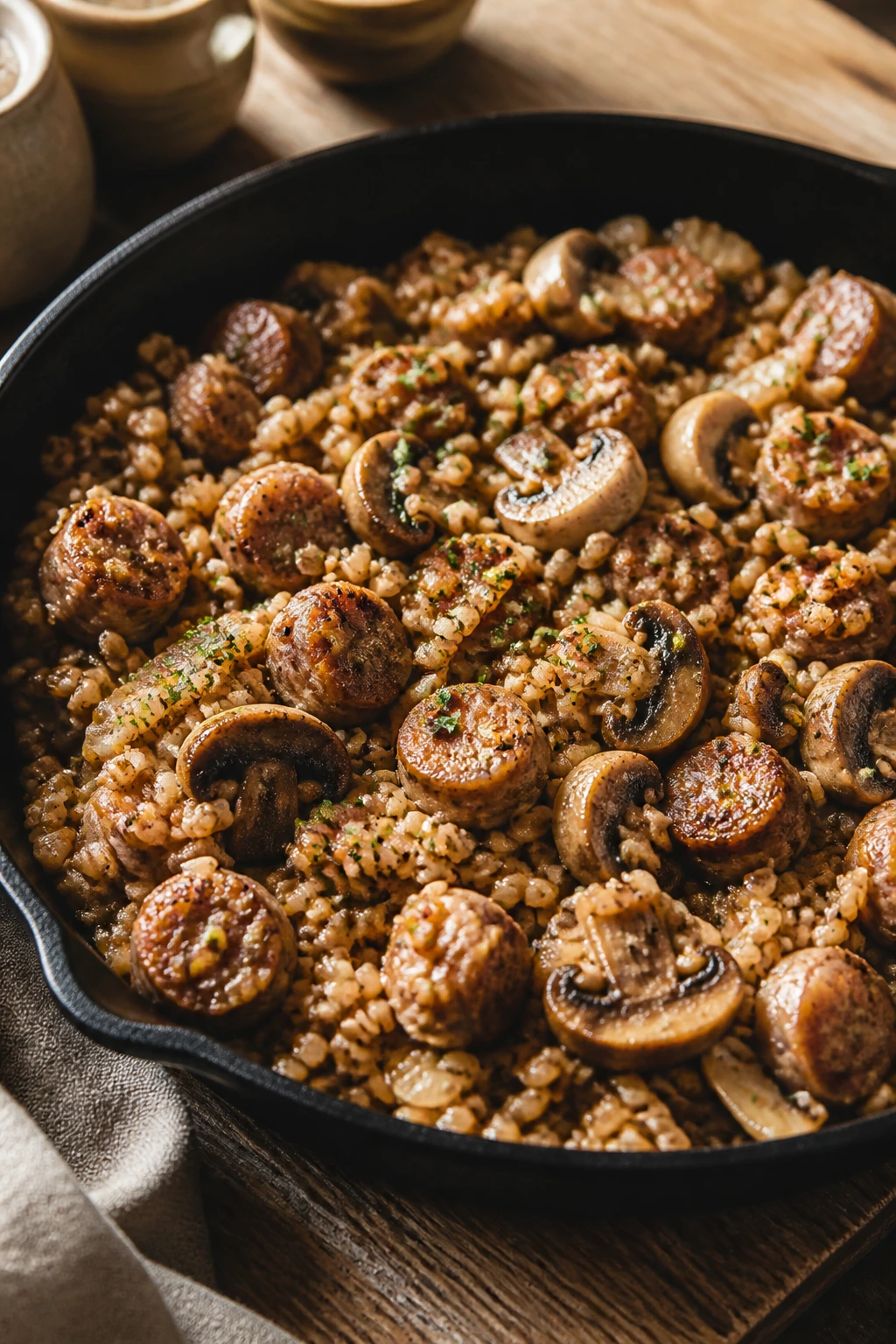 Sausage farro mushroom skillet in cast-iron pan