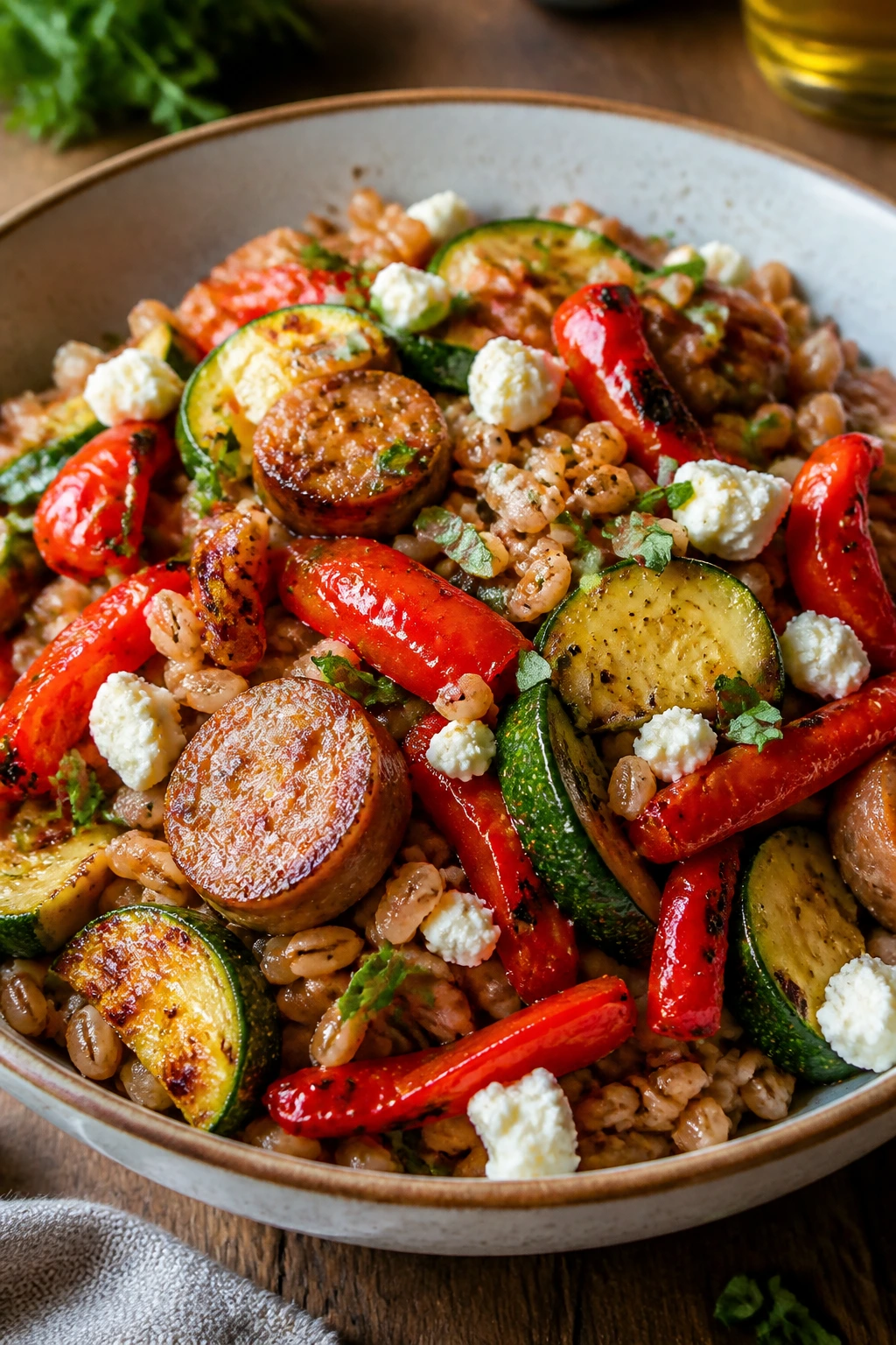 Medium-close shot of sausage farro bowl with peppers and feta on a wooden table.