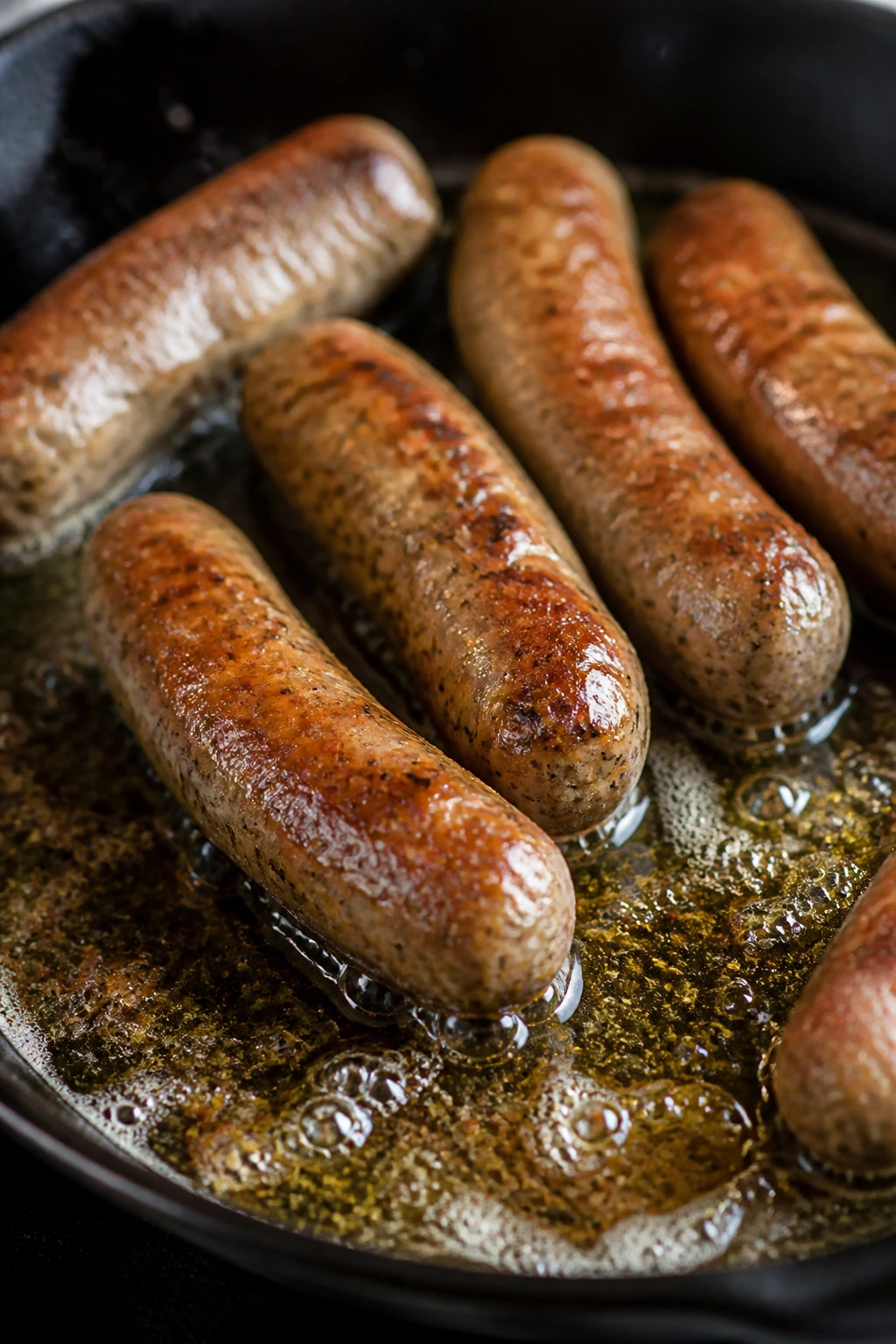 Sausages cooking in skillet with rendered bacon-fat-like drippings