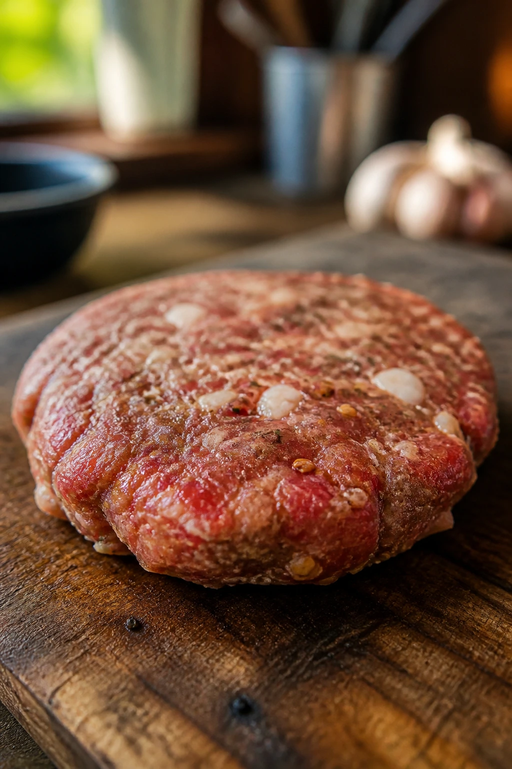 Close-up of hot Italian sausage patty with fennel and garlic on a wooden board