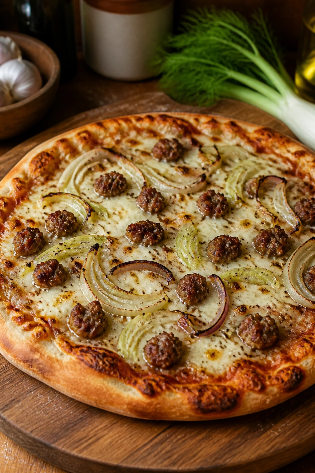 Pizza with sausage, fennel, and onion on a wooden board