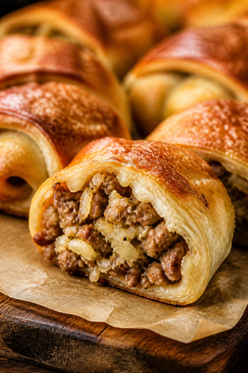 Cross-section of sausage fennel parmesan roll with visible sausage and fennel