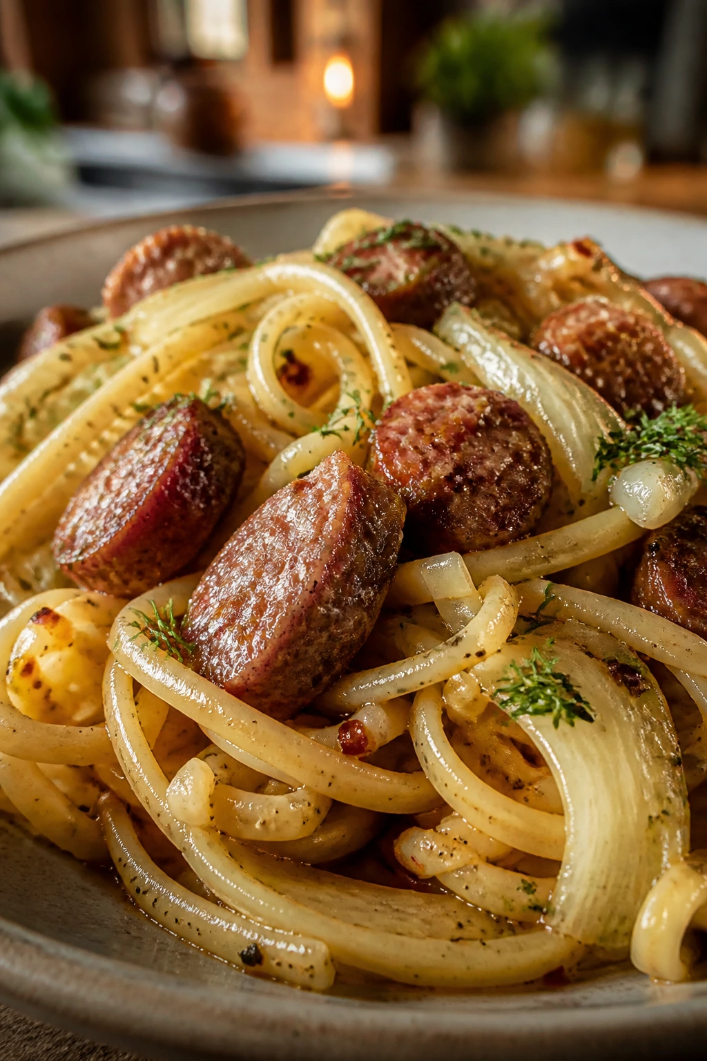 Pasta with sausage and fennel on plate