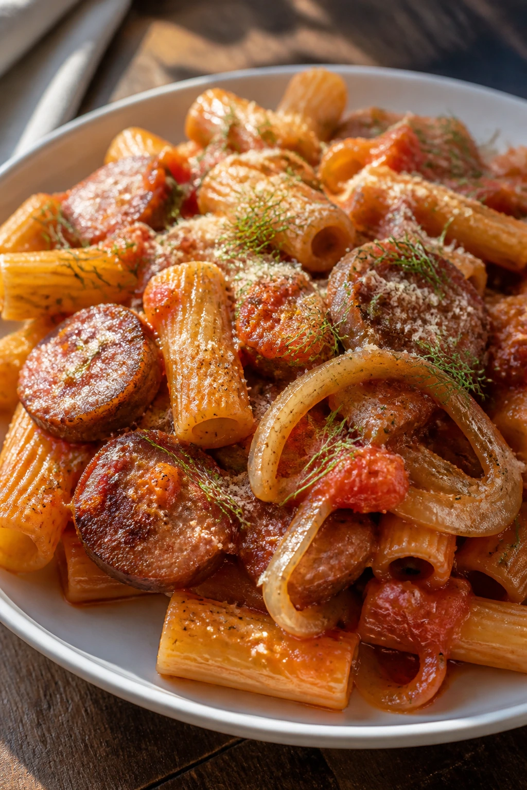 Close-up of sausage and fennel pasta on a plate with rigatoni in tomato sauce