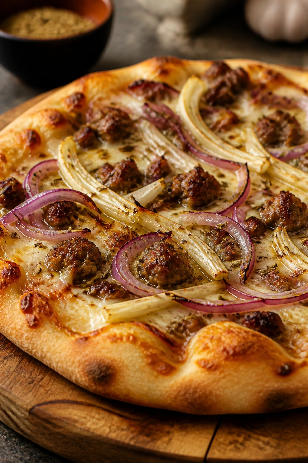Close-up of Sausage Fennel Red Onion Pizza on a wooden board.