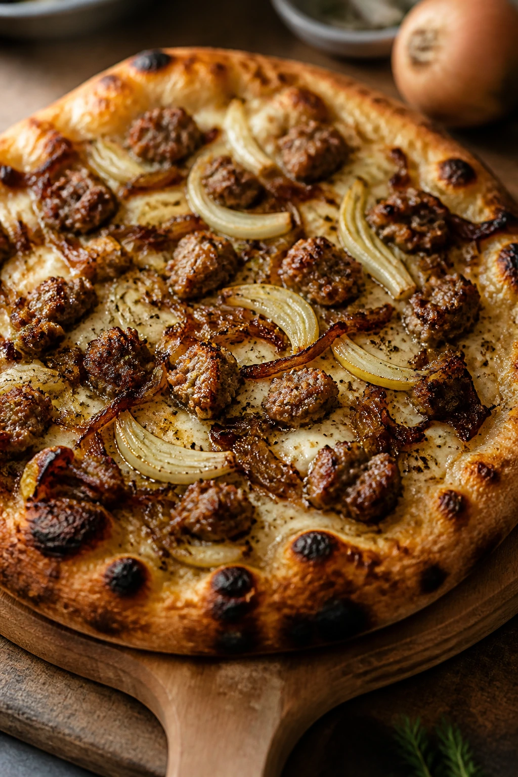 Pizza topped with fennel sausage, fennel slices, and caramelized onions on a wooden peel