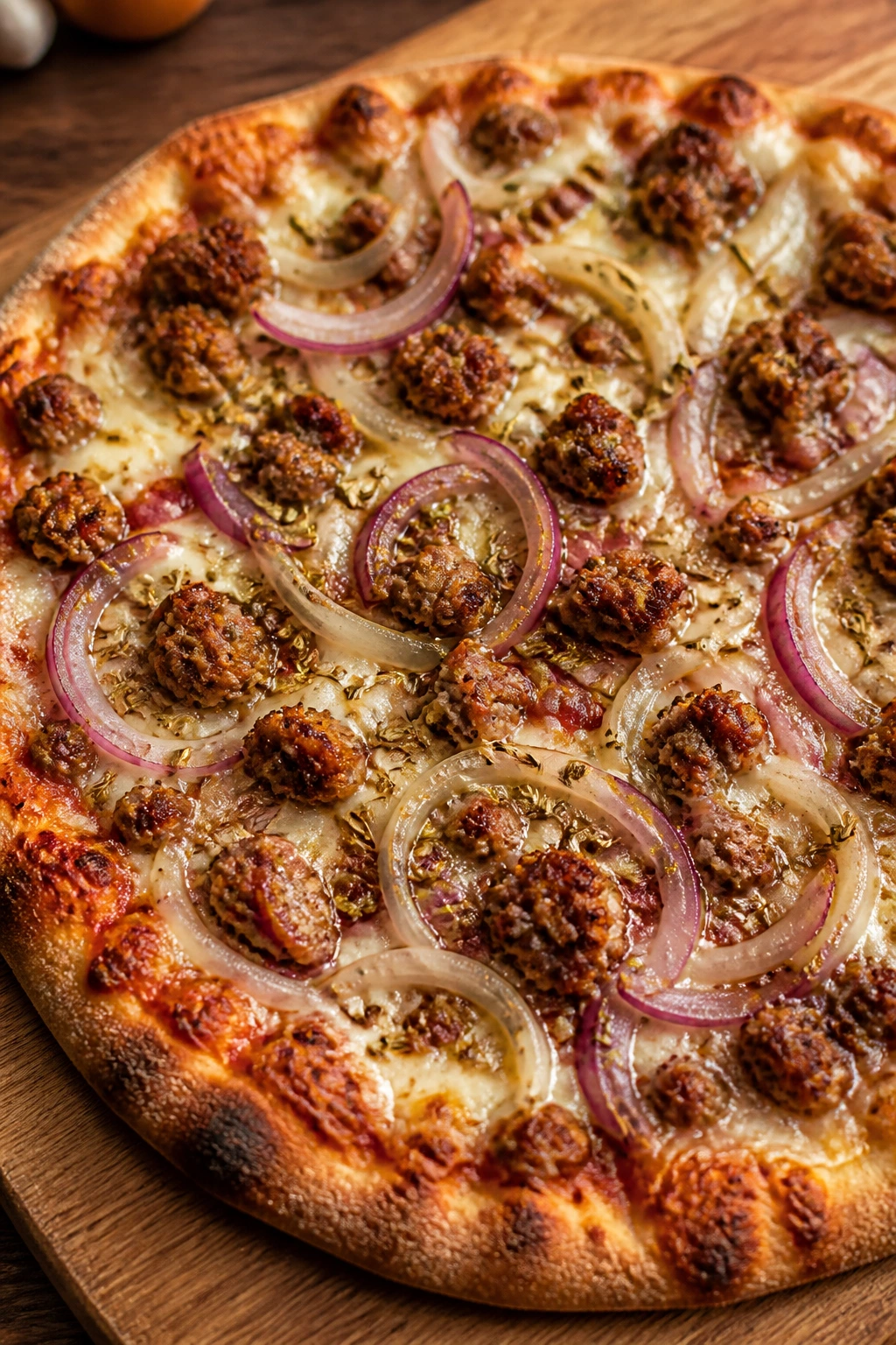 Pizza with sausage fennel and red onion on a wooden board