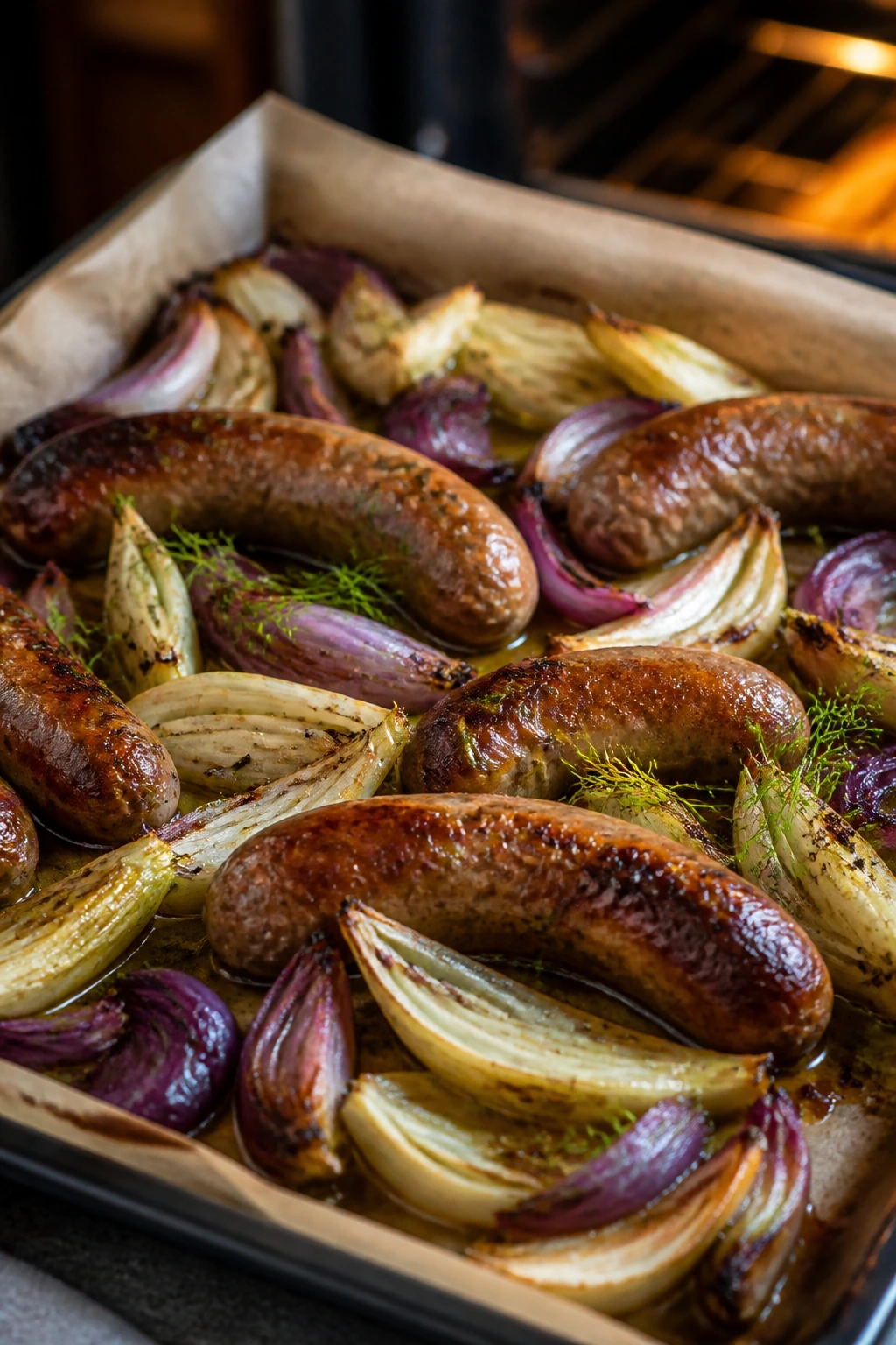 Roasted sausage with fennel and red onion on a sheet pan, golden edges