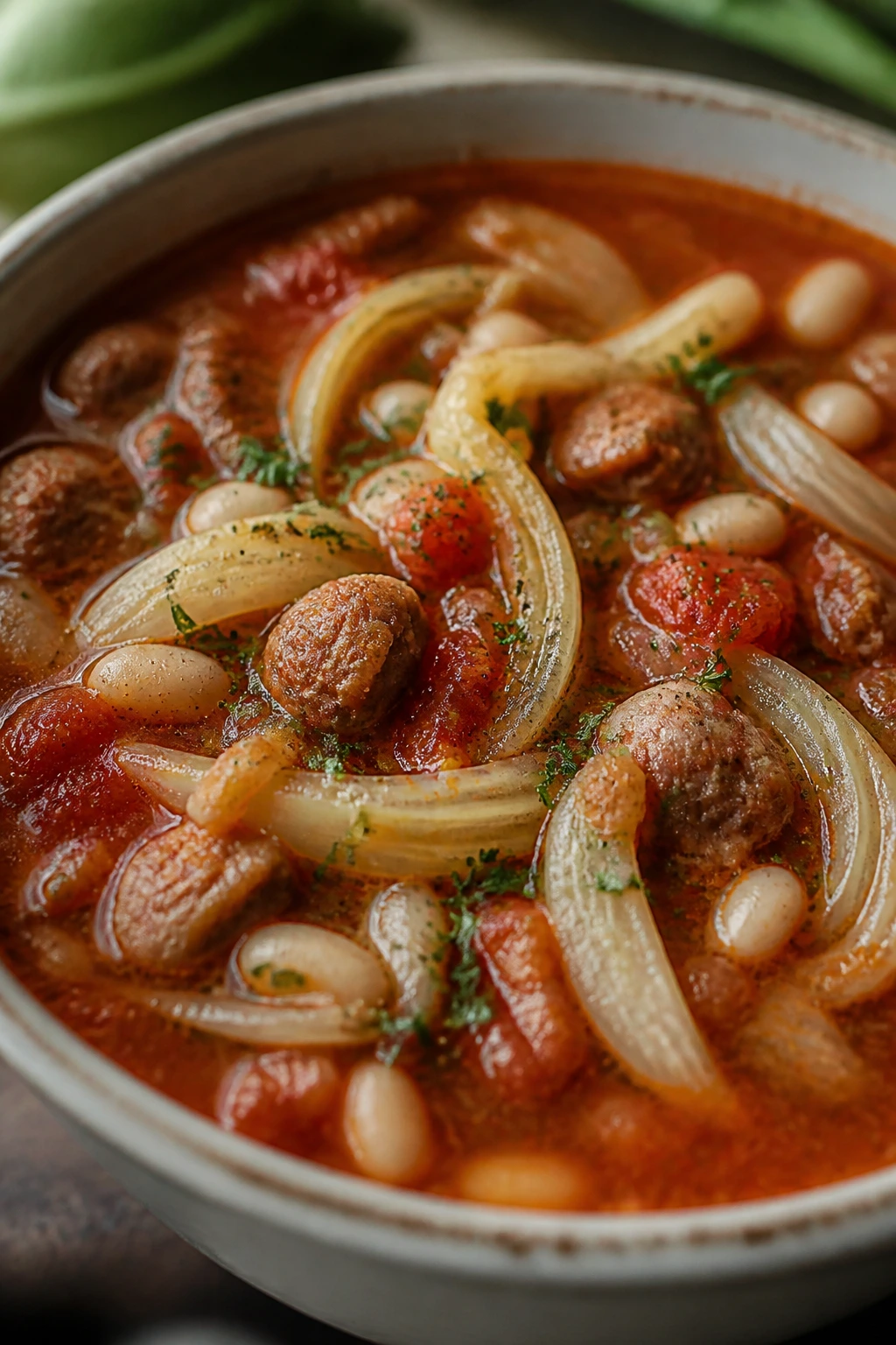 Close-up of sausage fennel tomato soup in a bowl with fennel slices