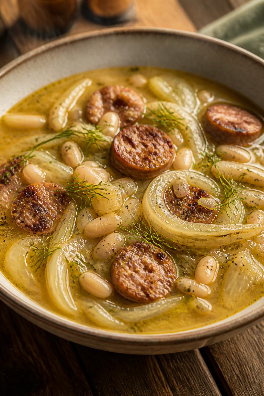 Close-up of Sausage Fennel White Bean Soup with sausage, fennel, and beans in a savory broth