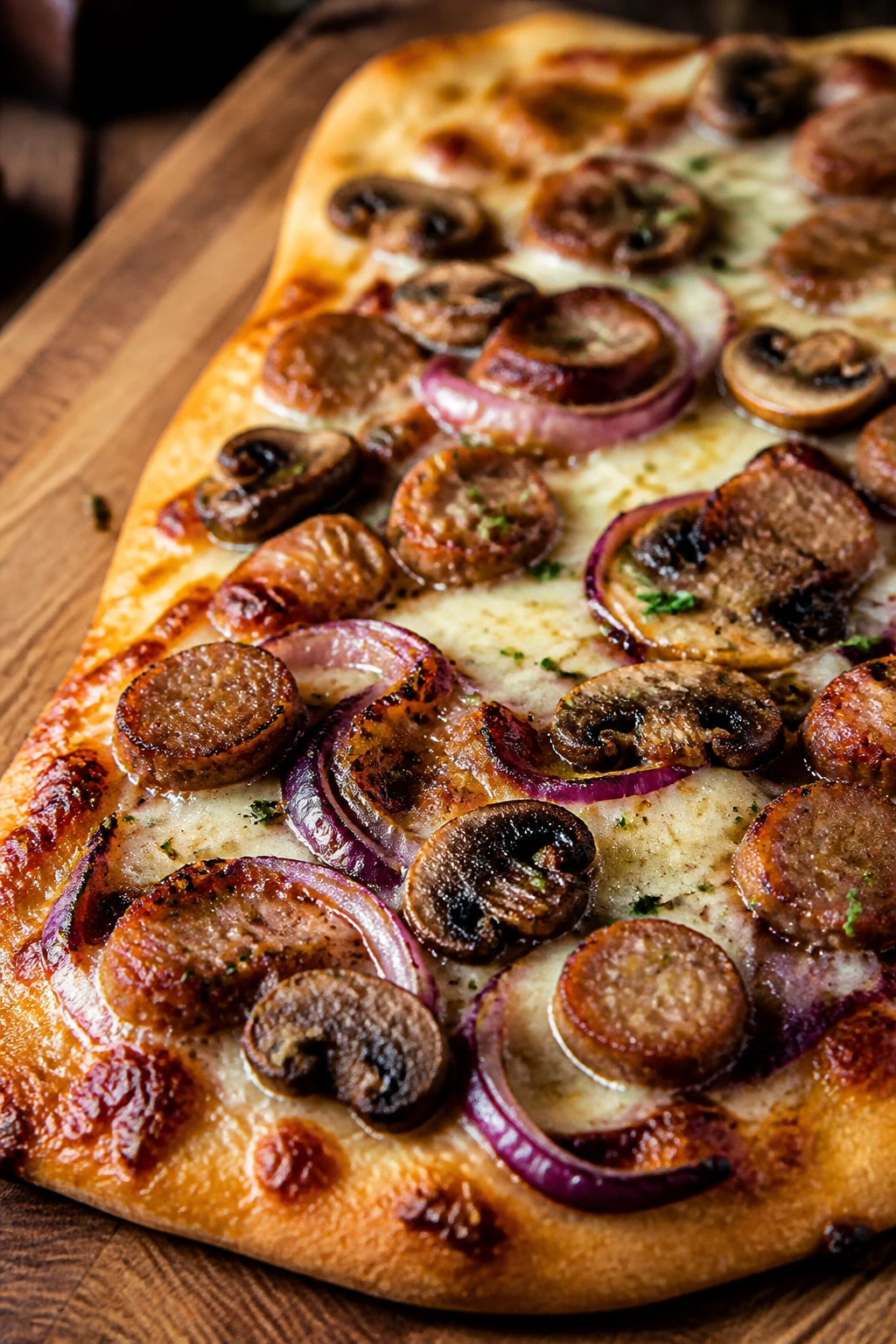 Close-up of sausage and mushroom flatbread pizza with blistered crust on a wooden board