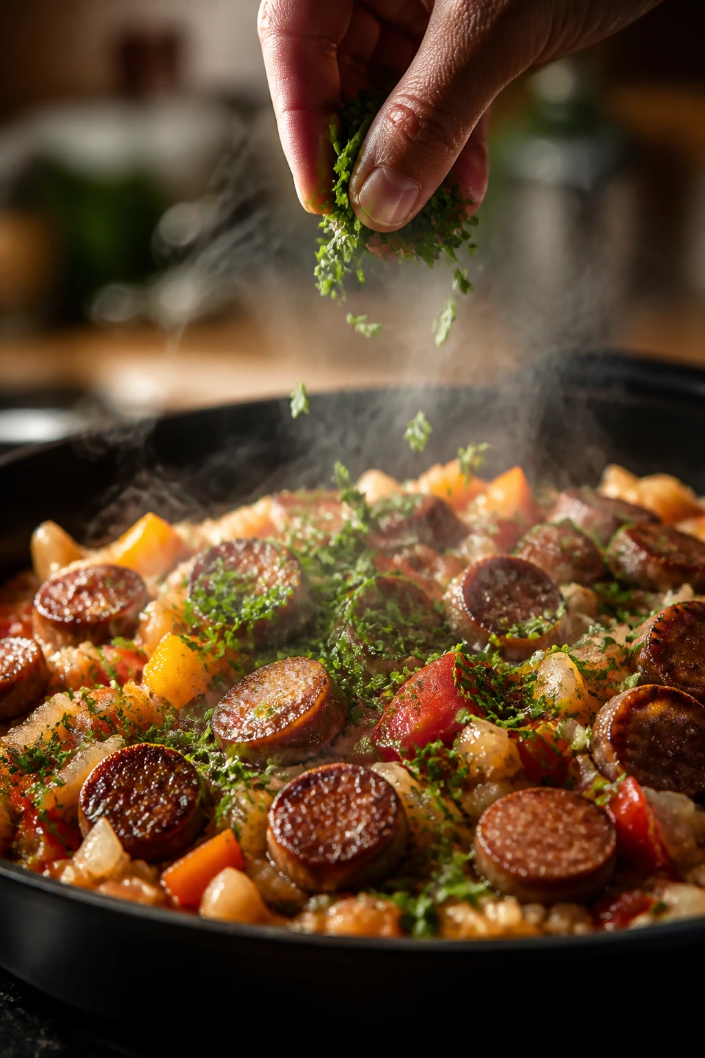 Finished sausage skillet with fresh herbs being sprinkled