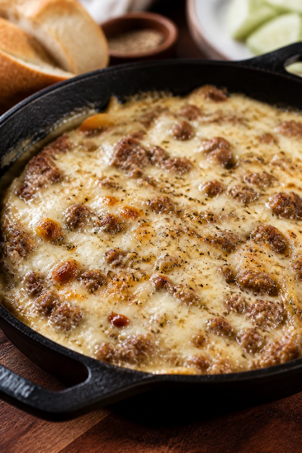 Close-up of bubbling sausage fontina dip in a cast-iron skillet on a warm kitchen counter