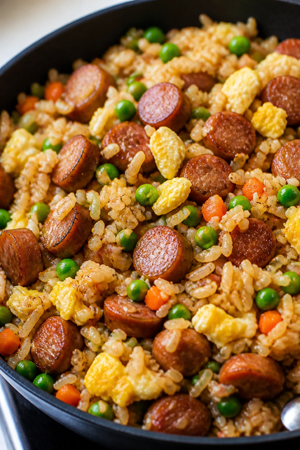 Sausage fried rice in a skillet with peas and eggs
