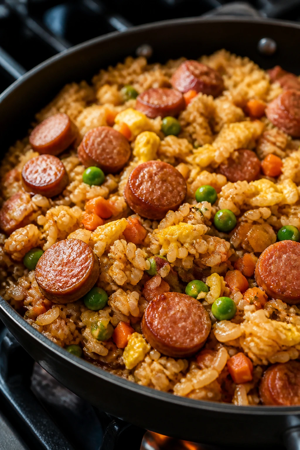 Close-up of sausage fried rice in a skillet with vegetables
