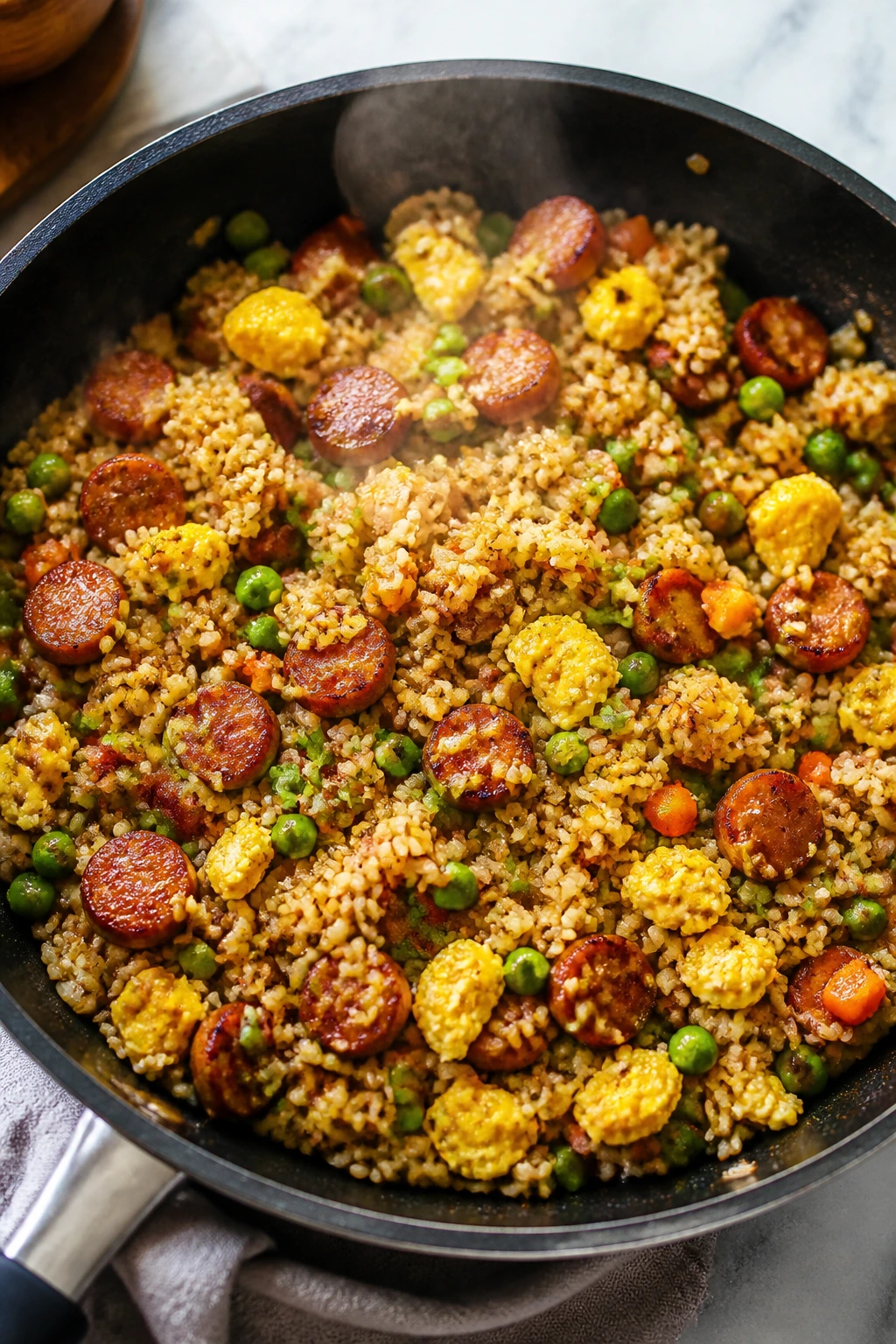 Sausage fried rice with eggs and vegetables in a skillet