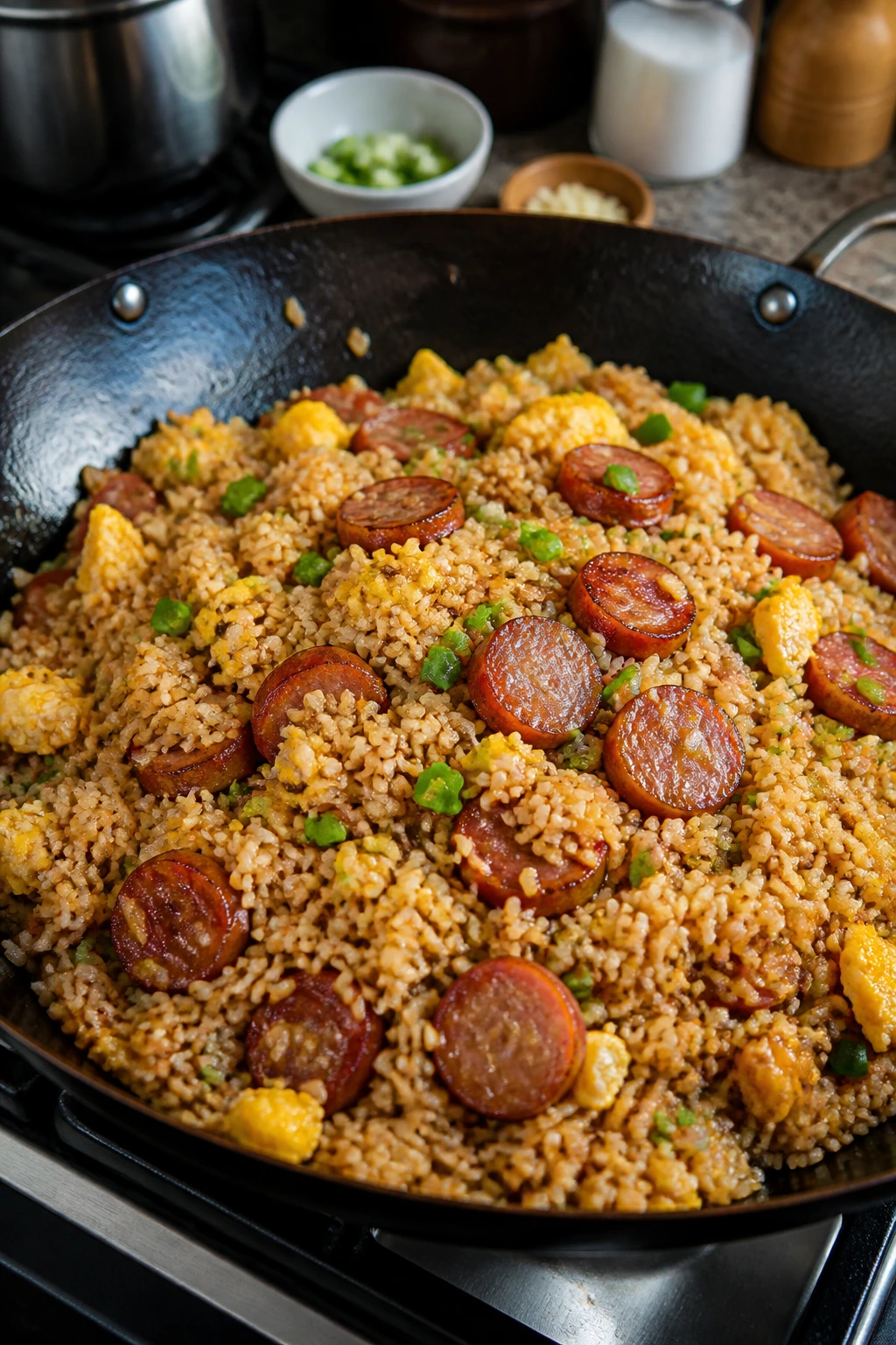 Wok of sausage fried rice with eggs and vegetables