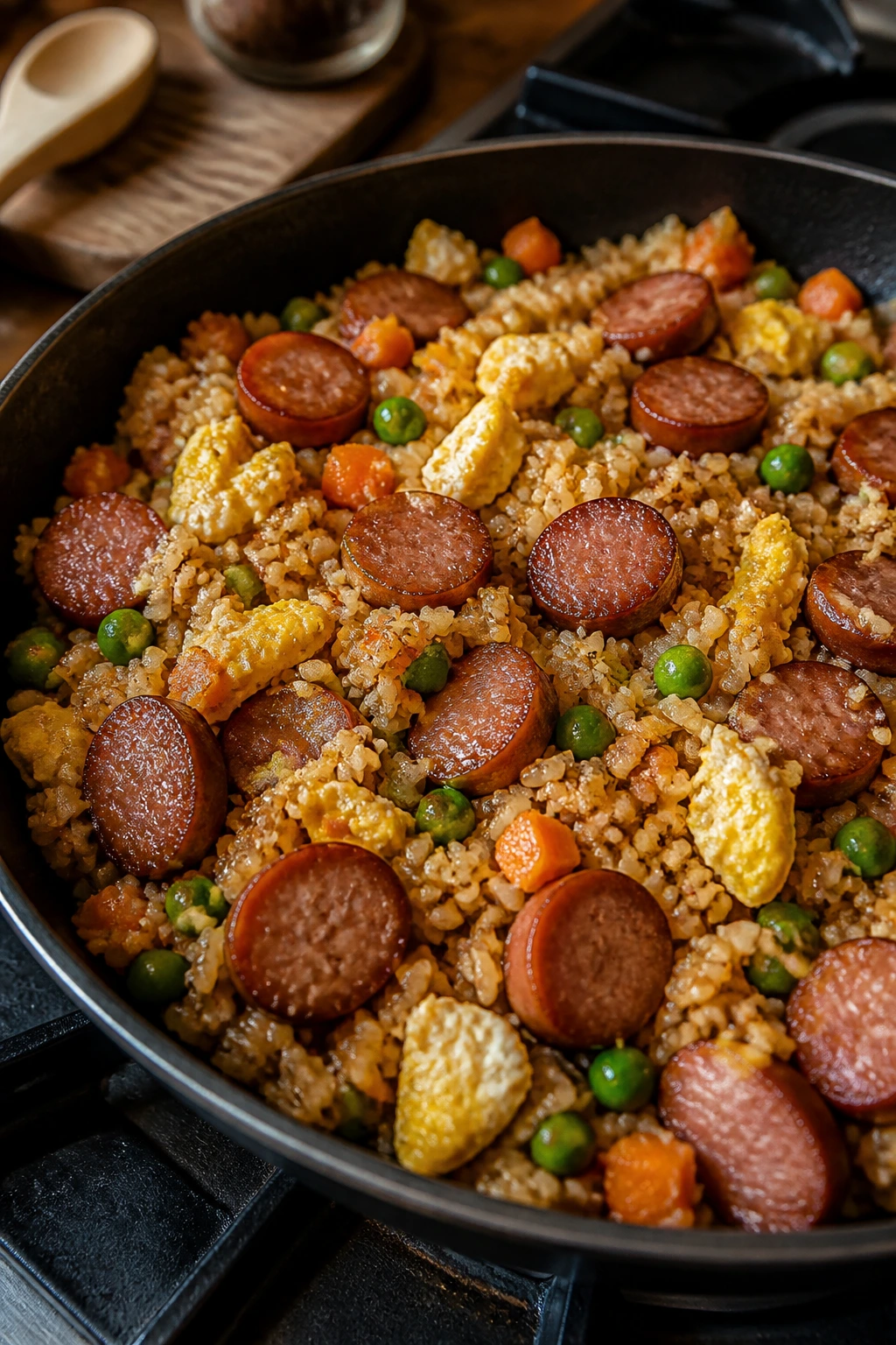 Close-up of sausage fried rice in a skillet with peas, carrots, and eggs in a warm kitchen