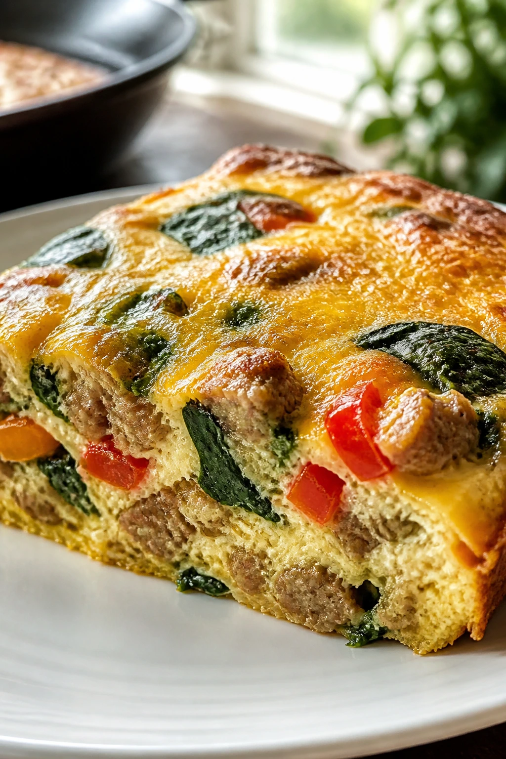Close-up of sausage frittata slice on plate with cheese and vegetables