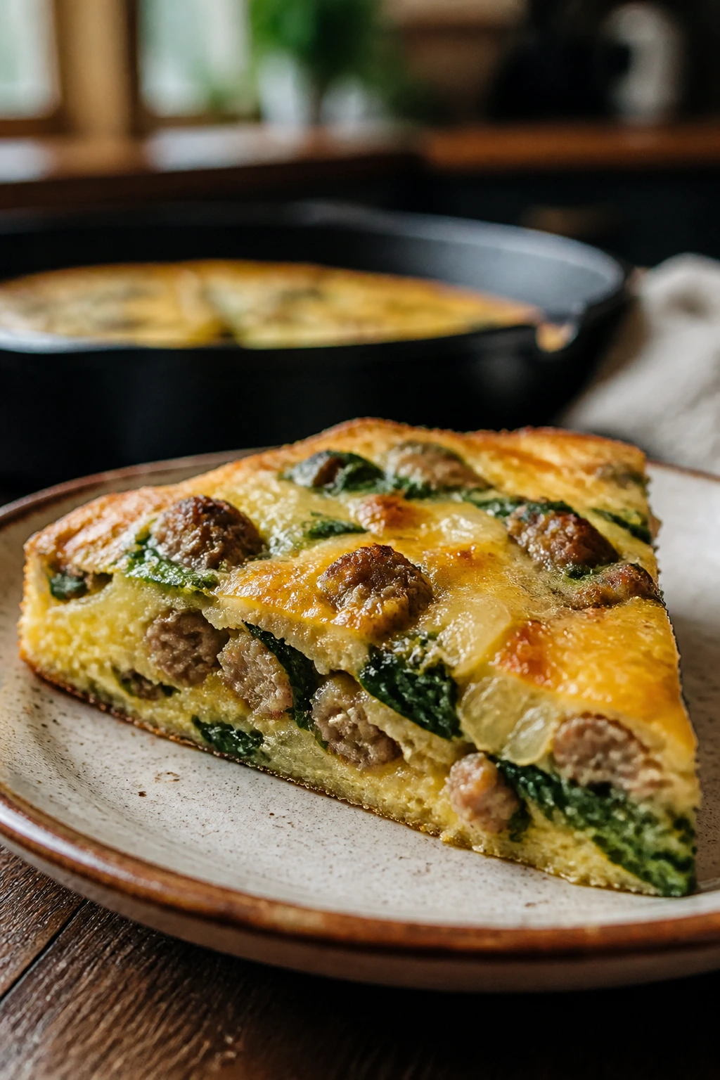 Close-up of a sausage frittata slice on a rustic plate in a cozy kitchen