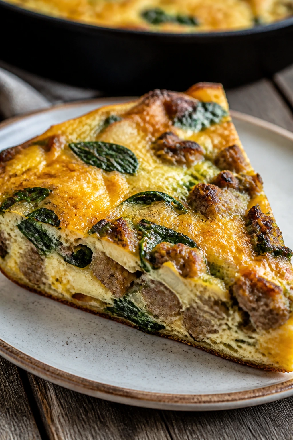 Wedge of breakfast-style sausage frittata on plate