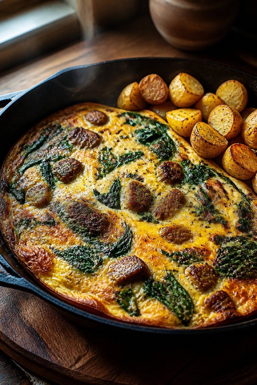 Close-up of sausage spinach frittata with roasted potatoes in a skillet