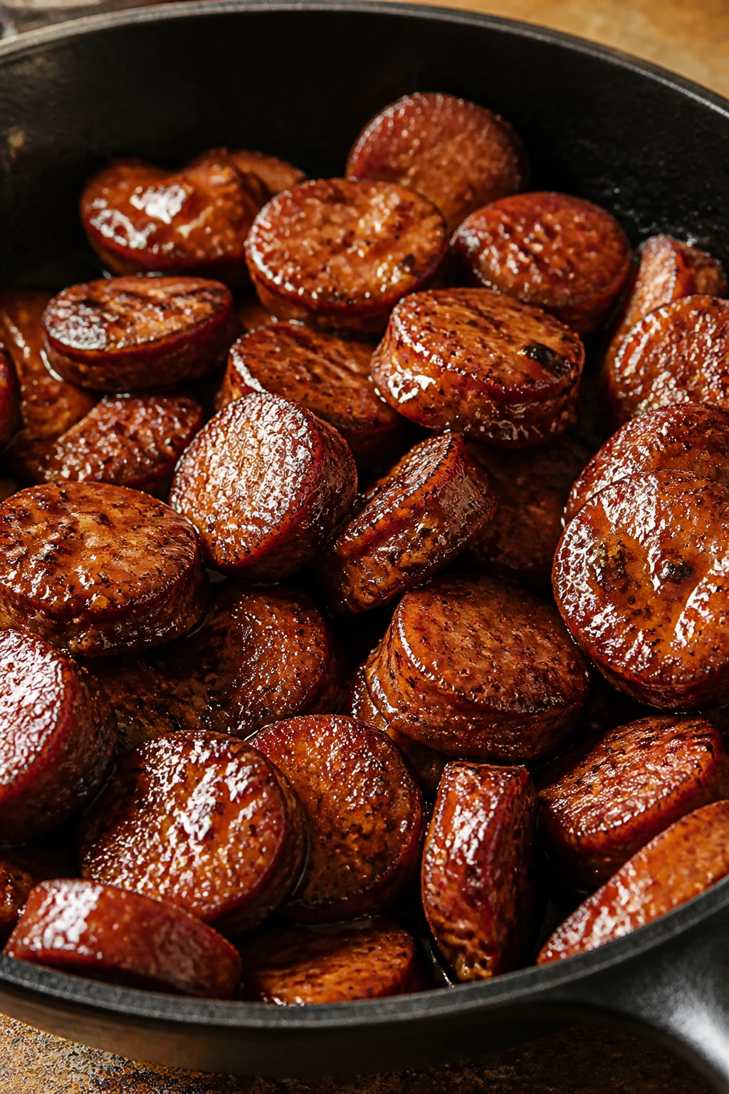 Glazed sausage pieces with amber glaze in a skillet