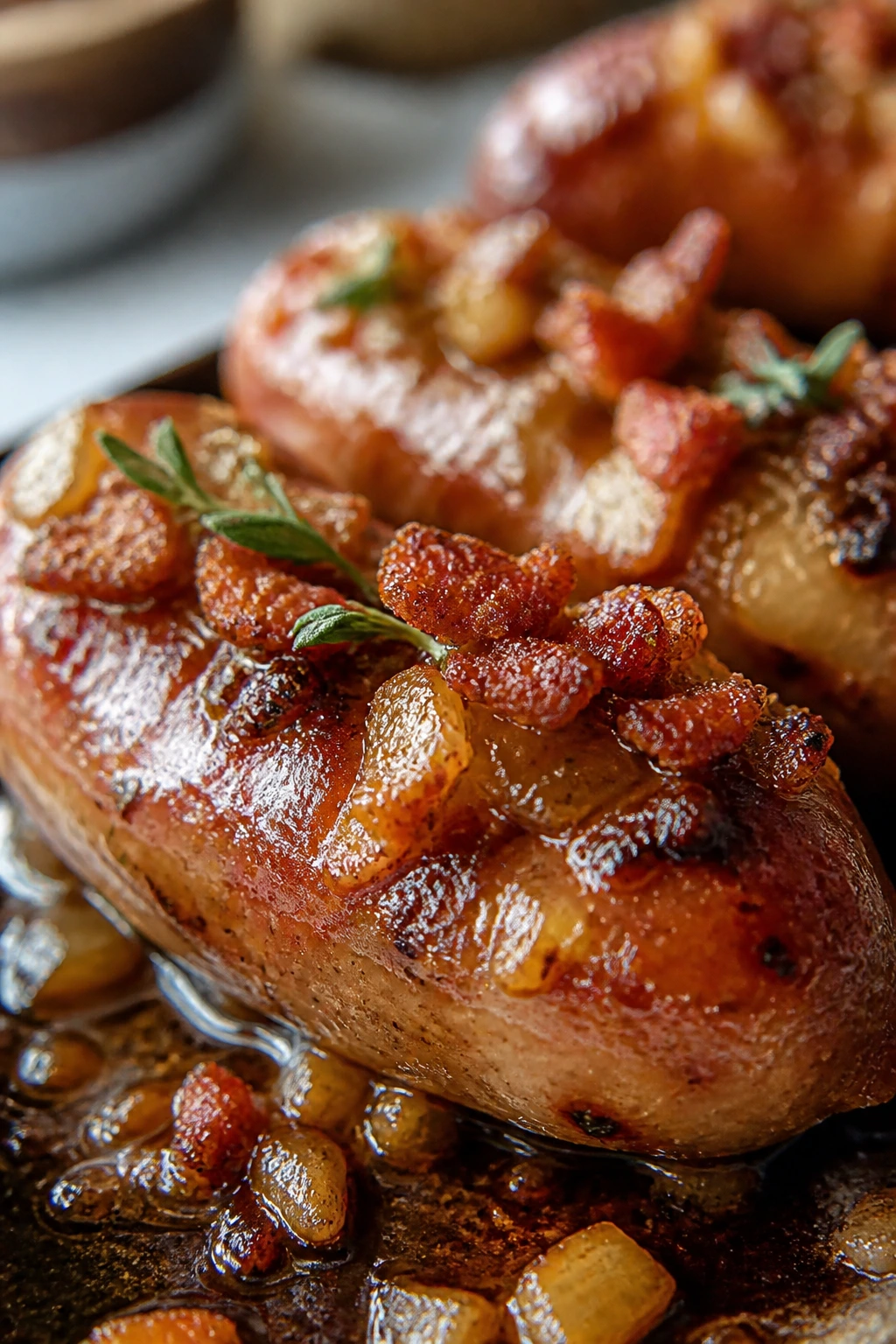 Glazed sausage with bacon variation in skillet