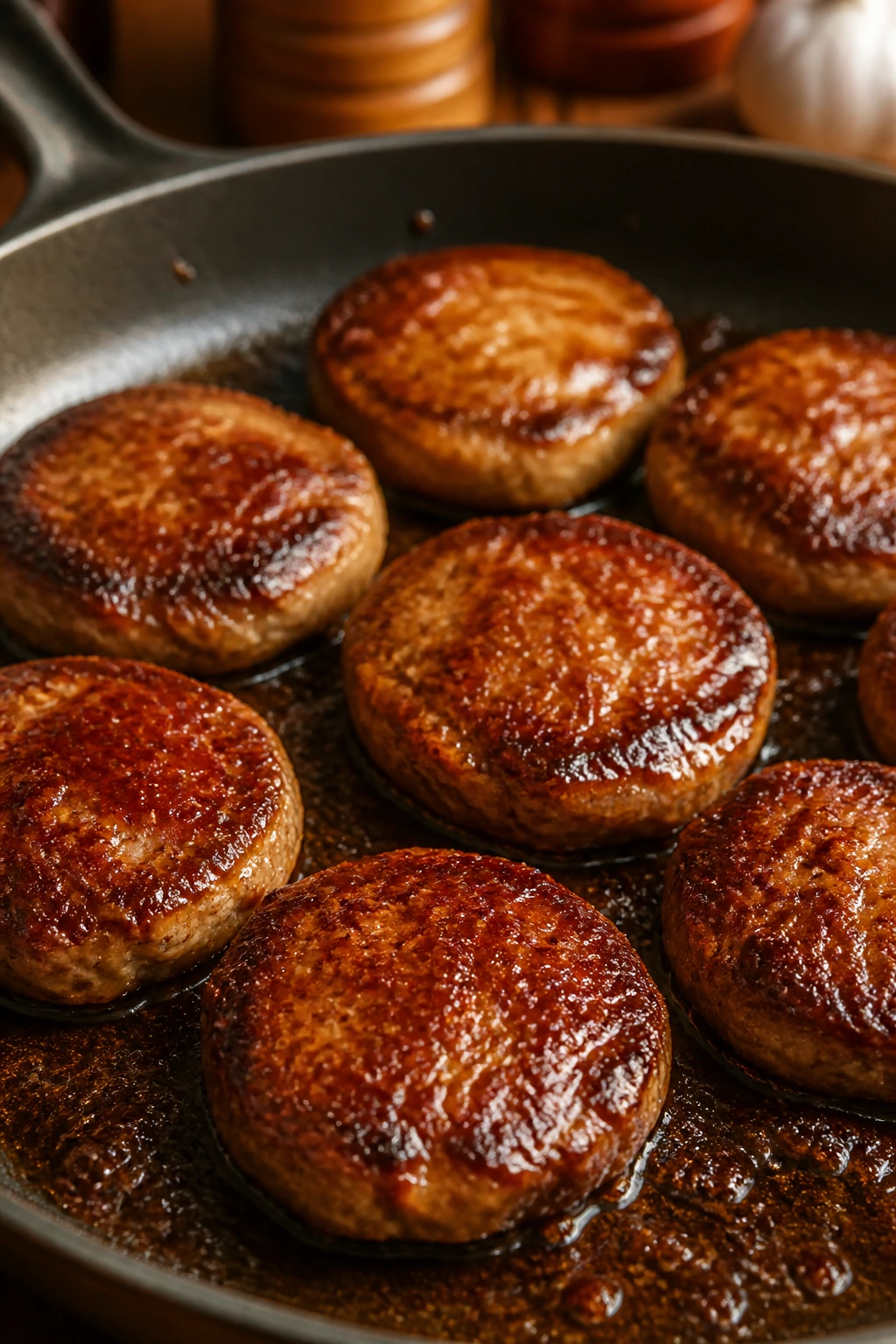 Skillet with crispy glazed sausage patties in brown sugar glaze