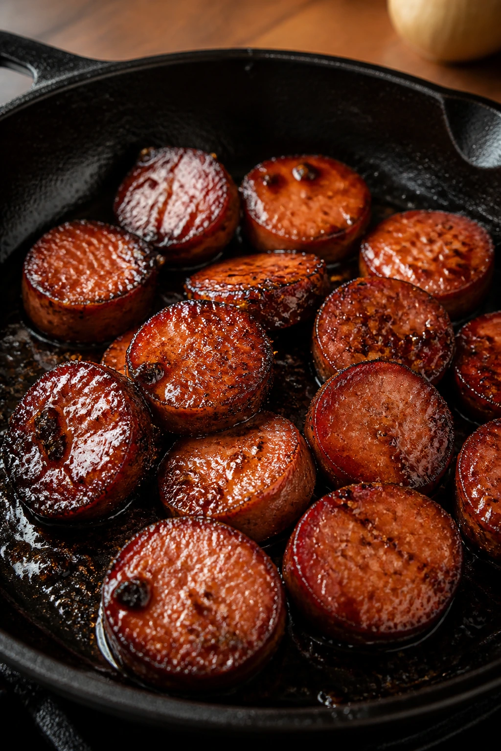 Close-up of glossy lacquered sausage browning in skillet