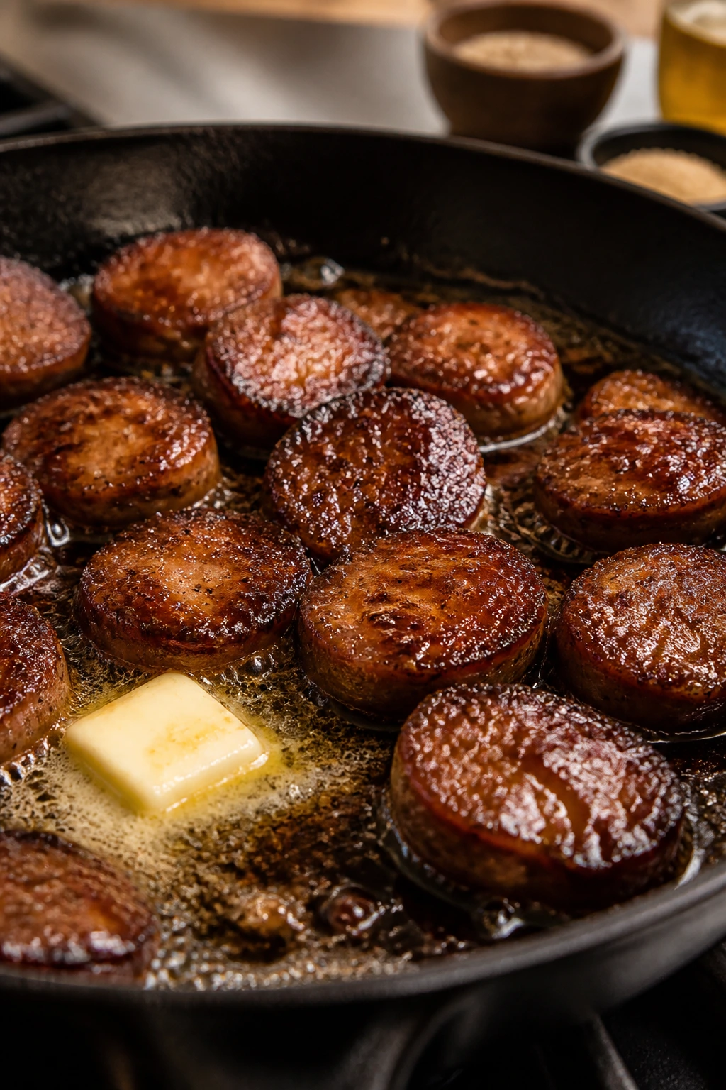 Sausage browning in pan with glaze forming and butter melting