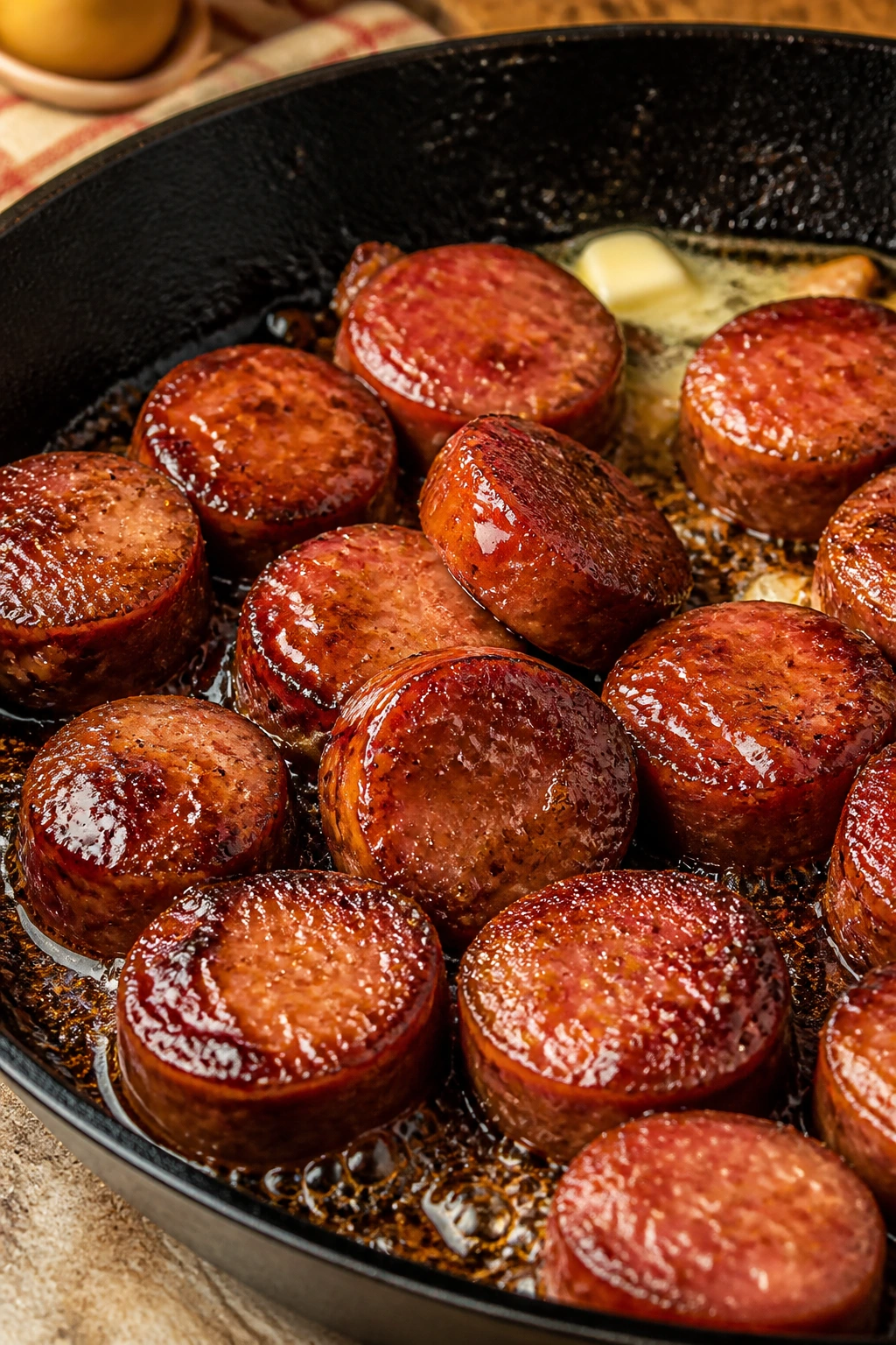 Close-up of thick smoked sausage with glossy brown sugar glaze in a skillet