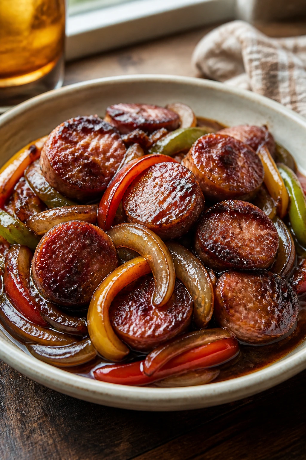 Close-up of crispy sausage with glaze and onions on a warm dinner plate