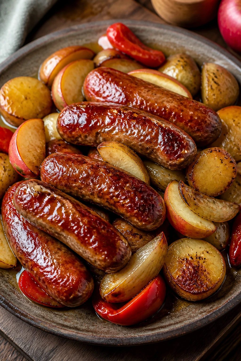 Plated sausage dinner with glossy glaze and roasted vegetables on rustic plate