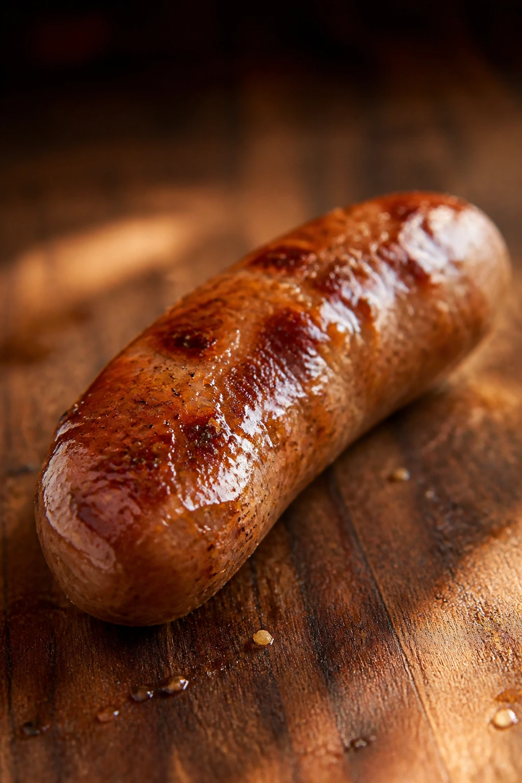 Close-up of a browned sausage piece with glaze sheen