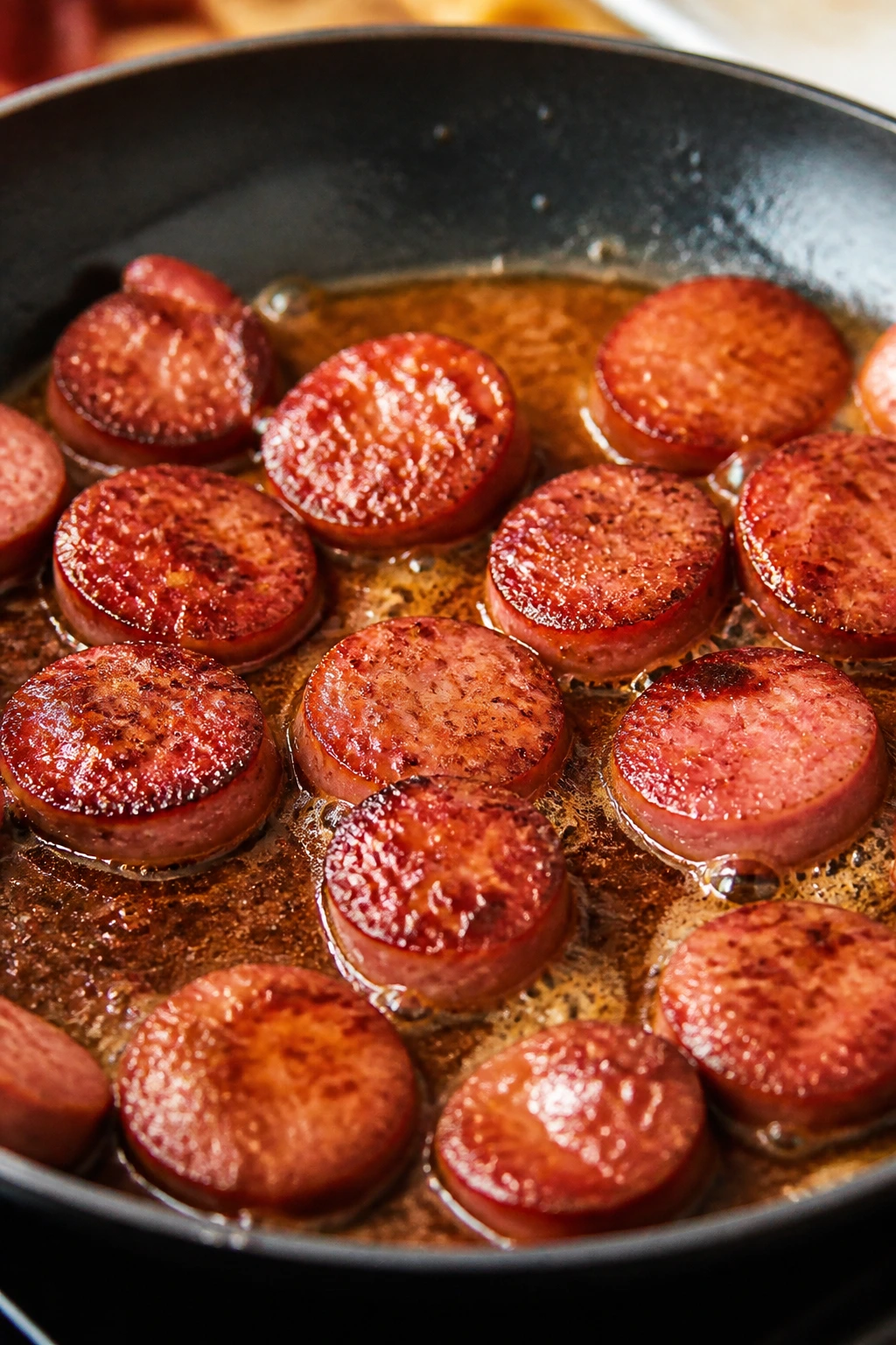 Sausage with glaze in skillet with onion slices nearby