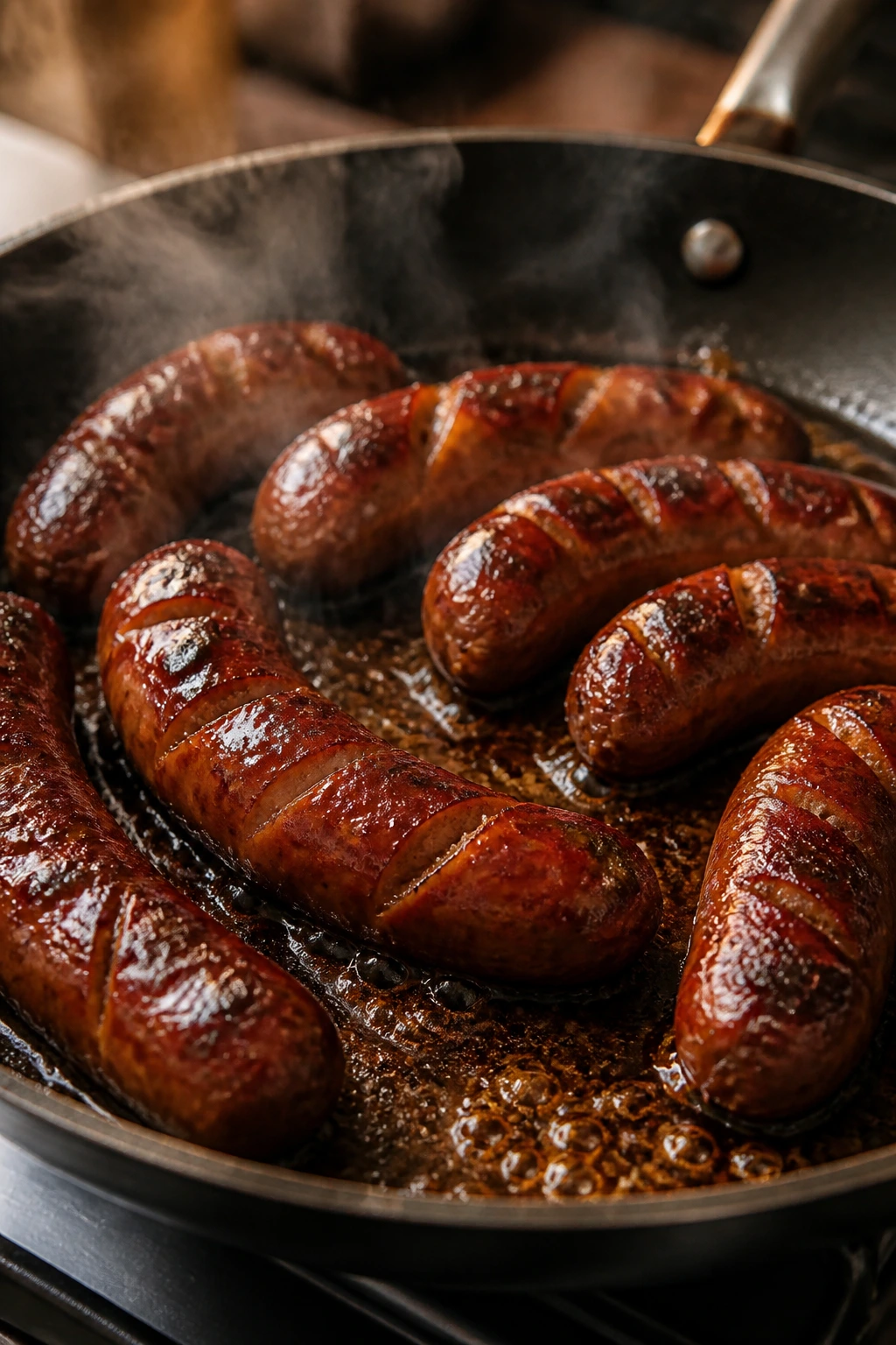Sausage browning in a pan with caramelized glaze