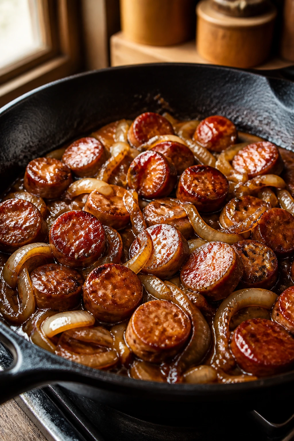 Close-up of sausage with brown sugar glaze and onions in a pan