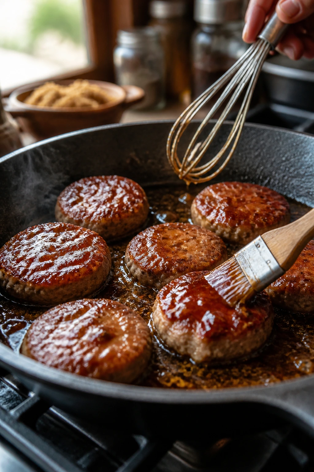 Sausage patties browning in a pan with glaze brushed on