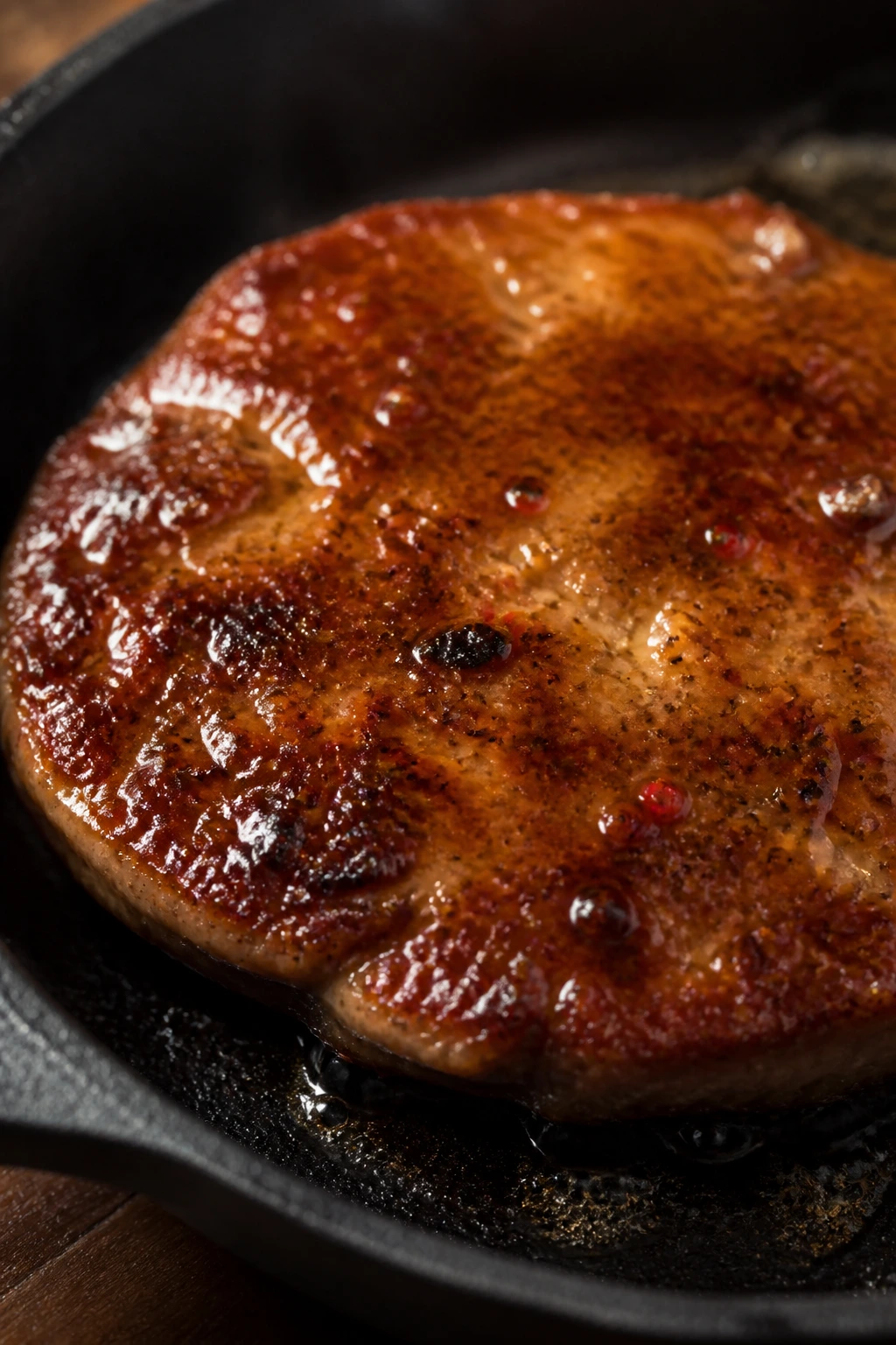 Close-up of sausage patty with glaze with visible seasonings