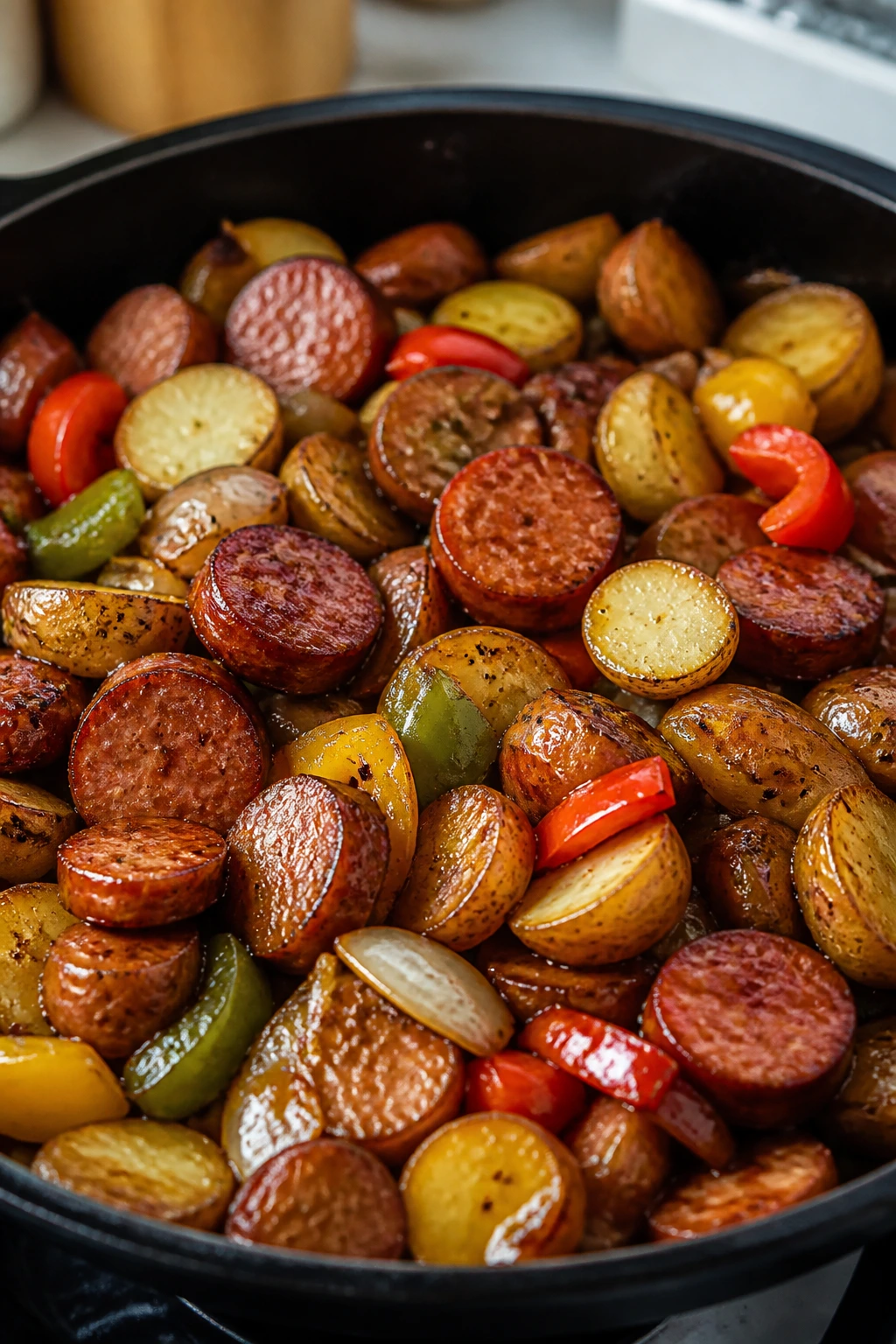 Close-up of a skillet dish with smoked sausage, potatoes, onions, peppers, and glossy brown sugar glaze