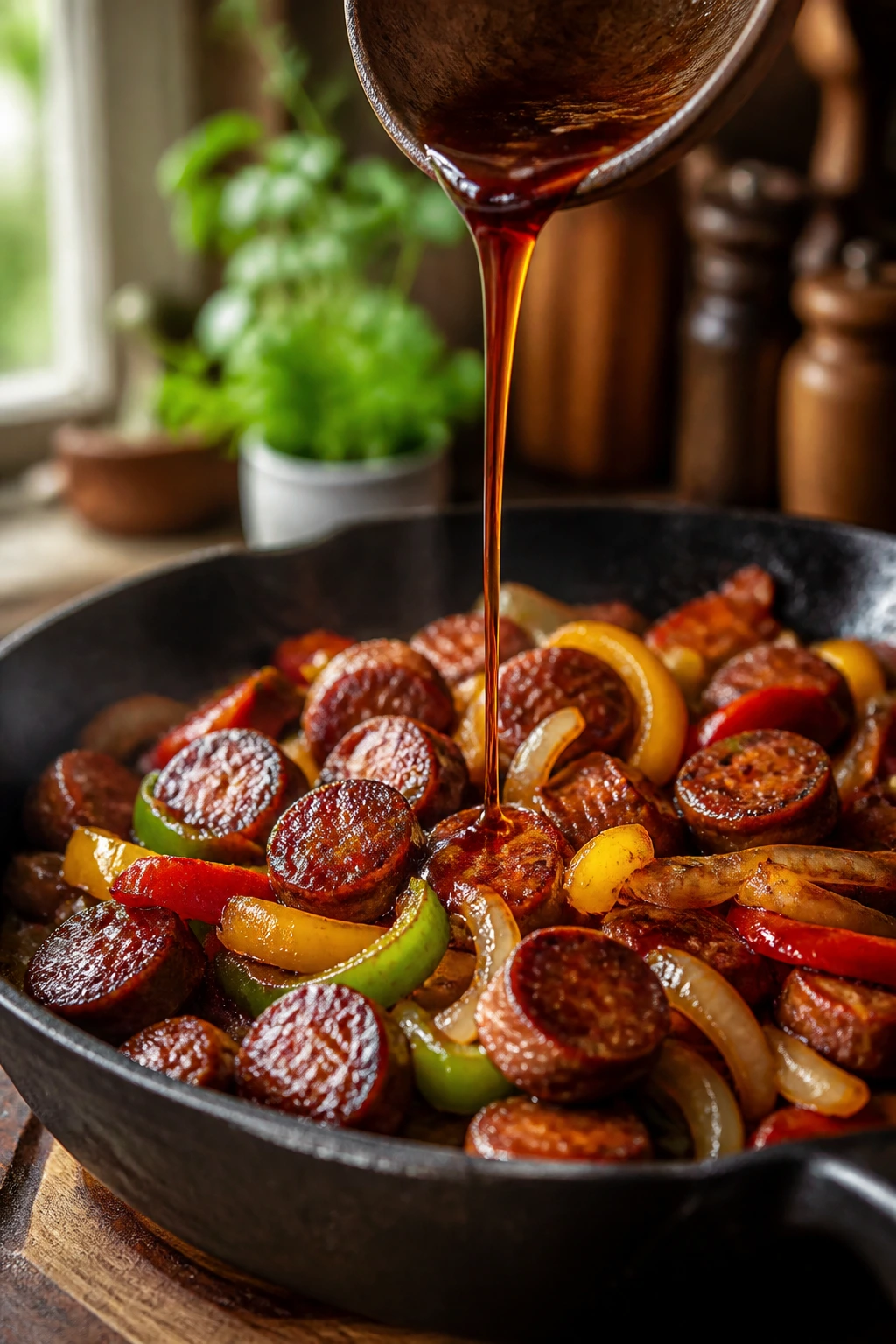 Sausage slices browning in a skillet with glaze being poured in a cozy kitchen