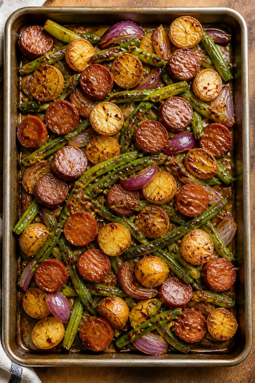 Top-down sheet-pan view of crispy sausage dinner with glaze